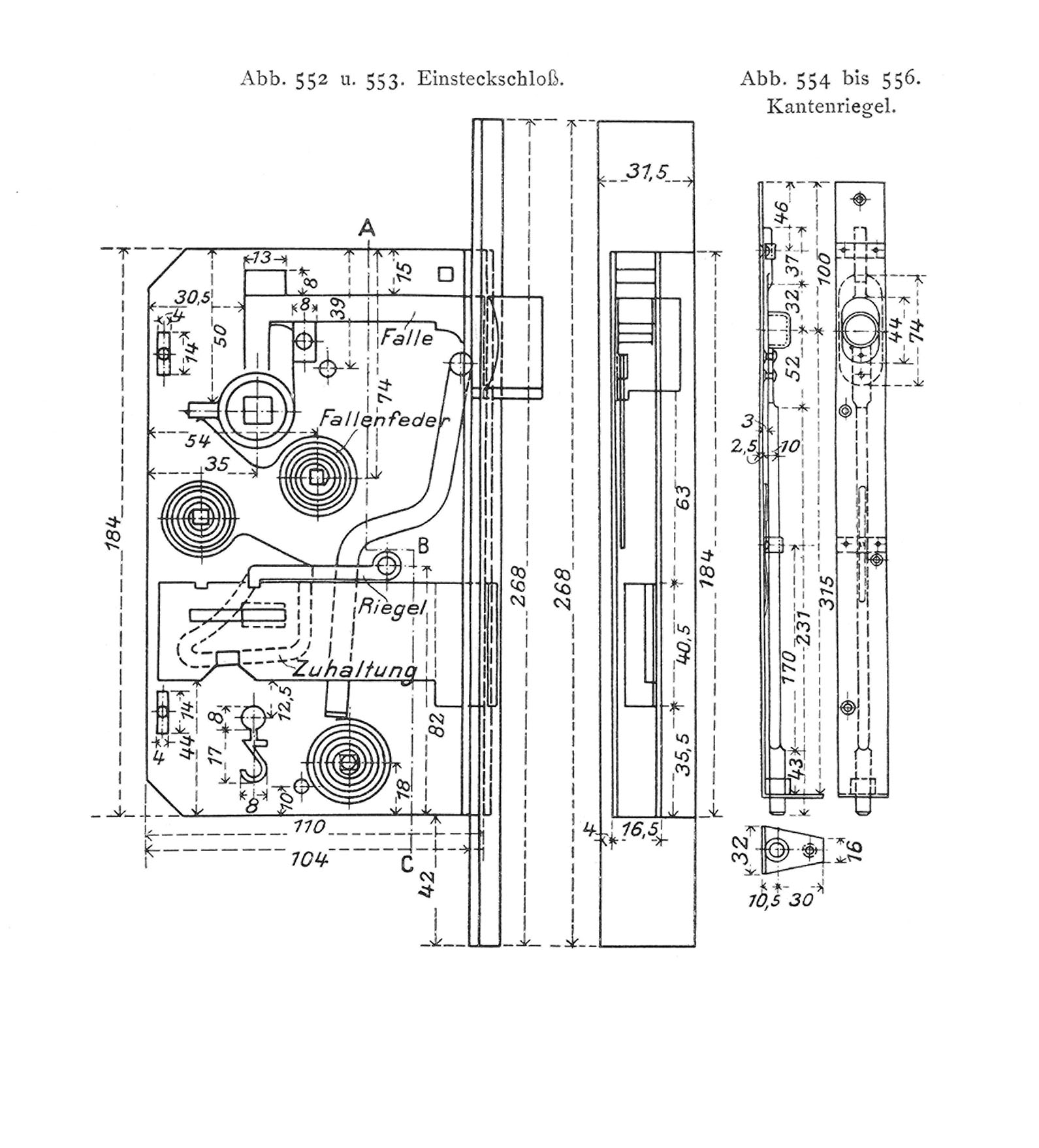 Abb. 552 und 553. Einsteckschloß. // Abb. 554 bis 556. Kantenriegel.