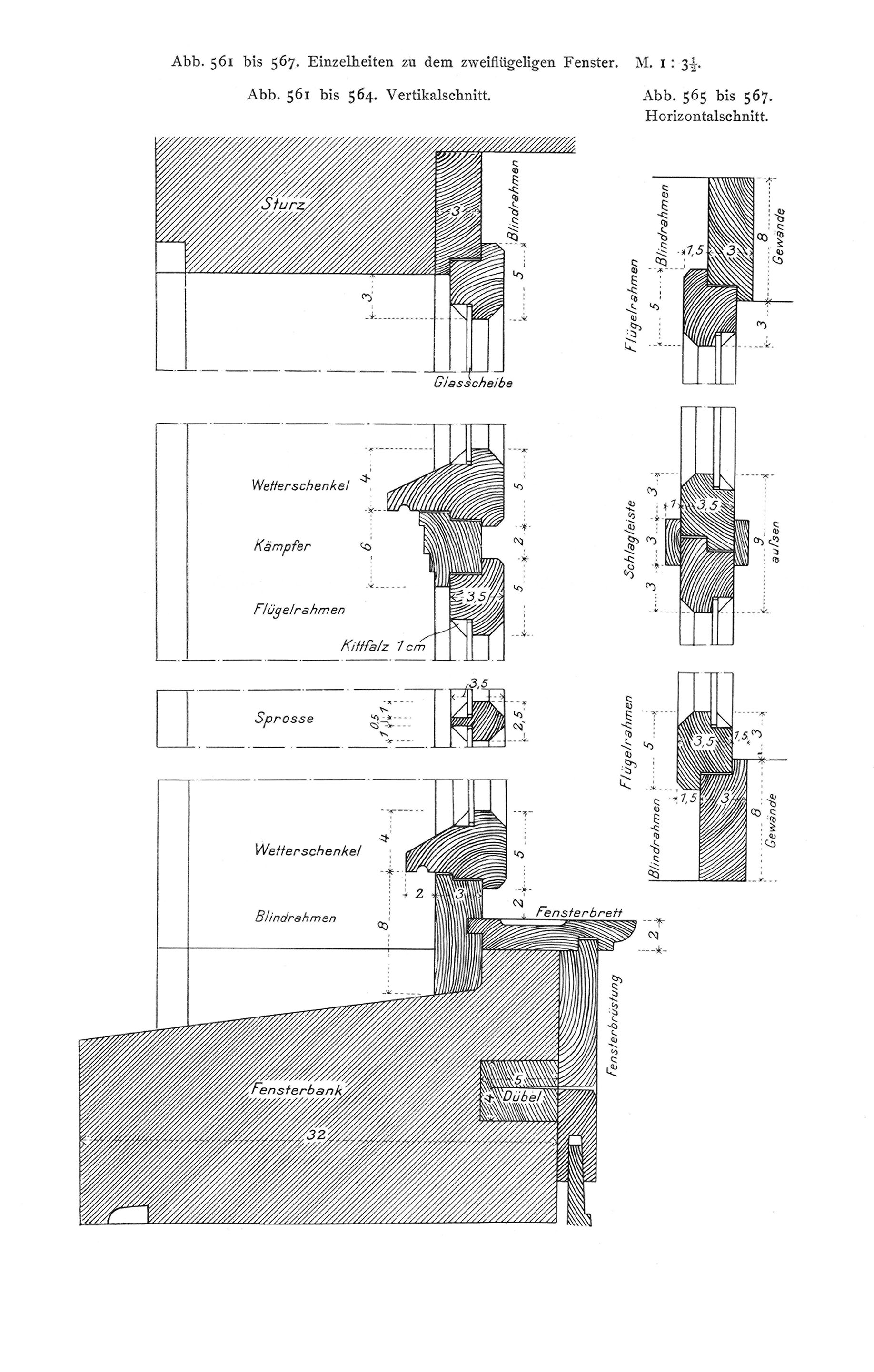 Abb. 561 bis 567. Einzelheiten zu dem zweiflügligen Fenster. M. 1:3 1/2. // Abb. 561 bis 564. Vertikalschnitt. // Abb. 565 bis 567. Horizontalschnitt.