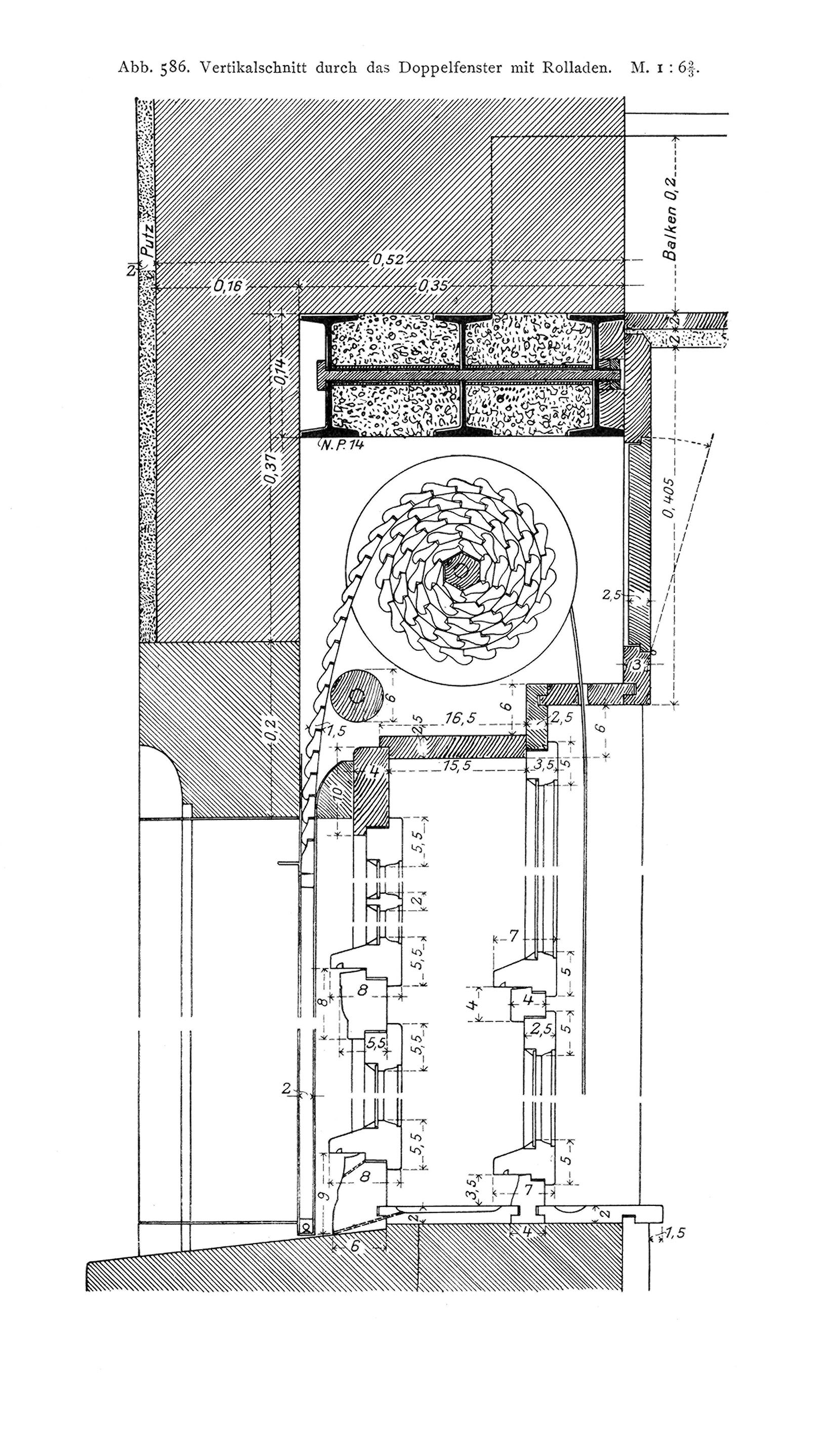 Abb. 586: Vertikalschnitt durch das Doppelfenster mit Rolladen