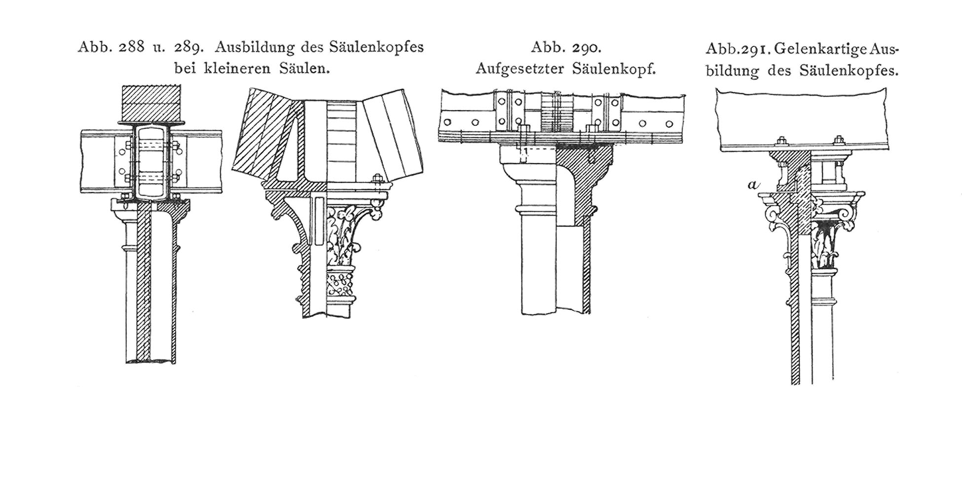 Abb.288 u. 289. Ausbildung des Säulenkopfes bei kleineren Säulen. // Abb.290. Aufgesetzter Säulenkopf. // Abb. 291. Gelenkartige Ausbildung des Säulenkopfes.