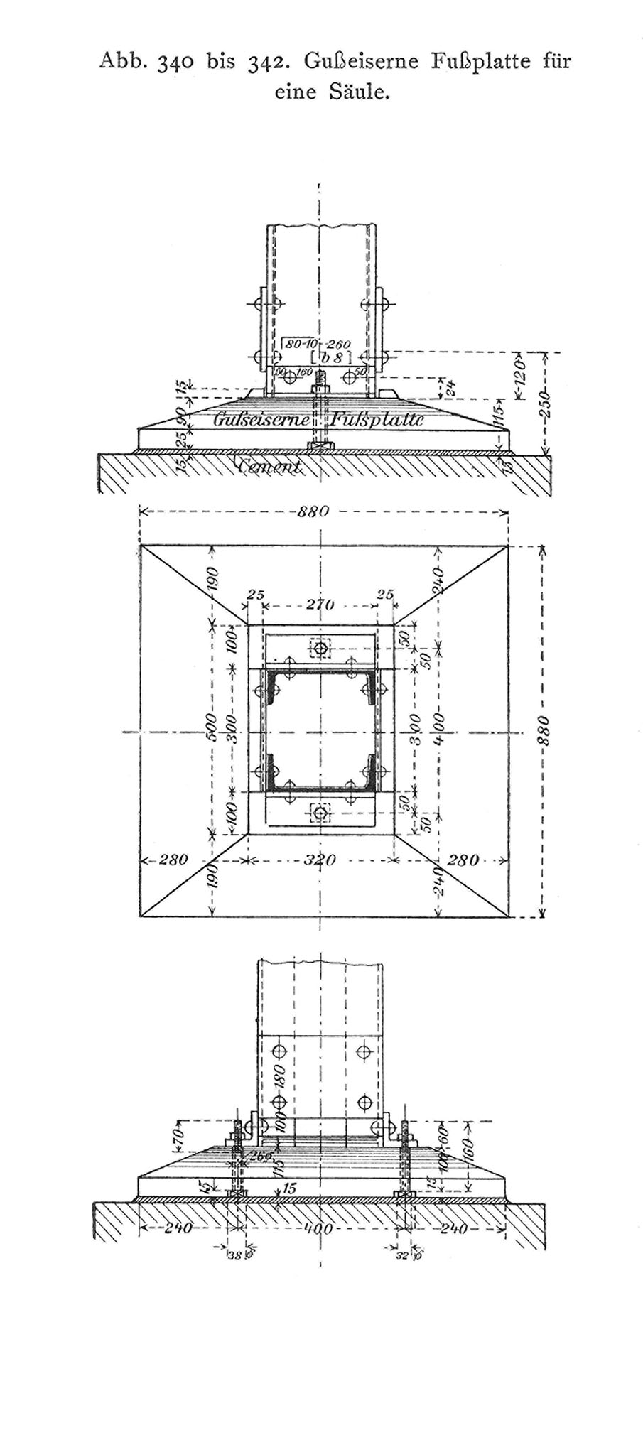 Abb.340 bis 342: gußeiserne Fußplatte für eine Säule