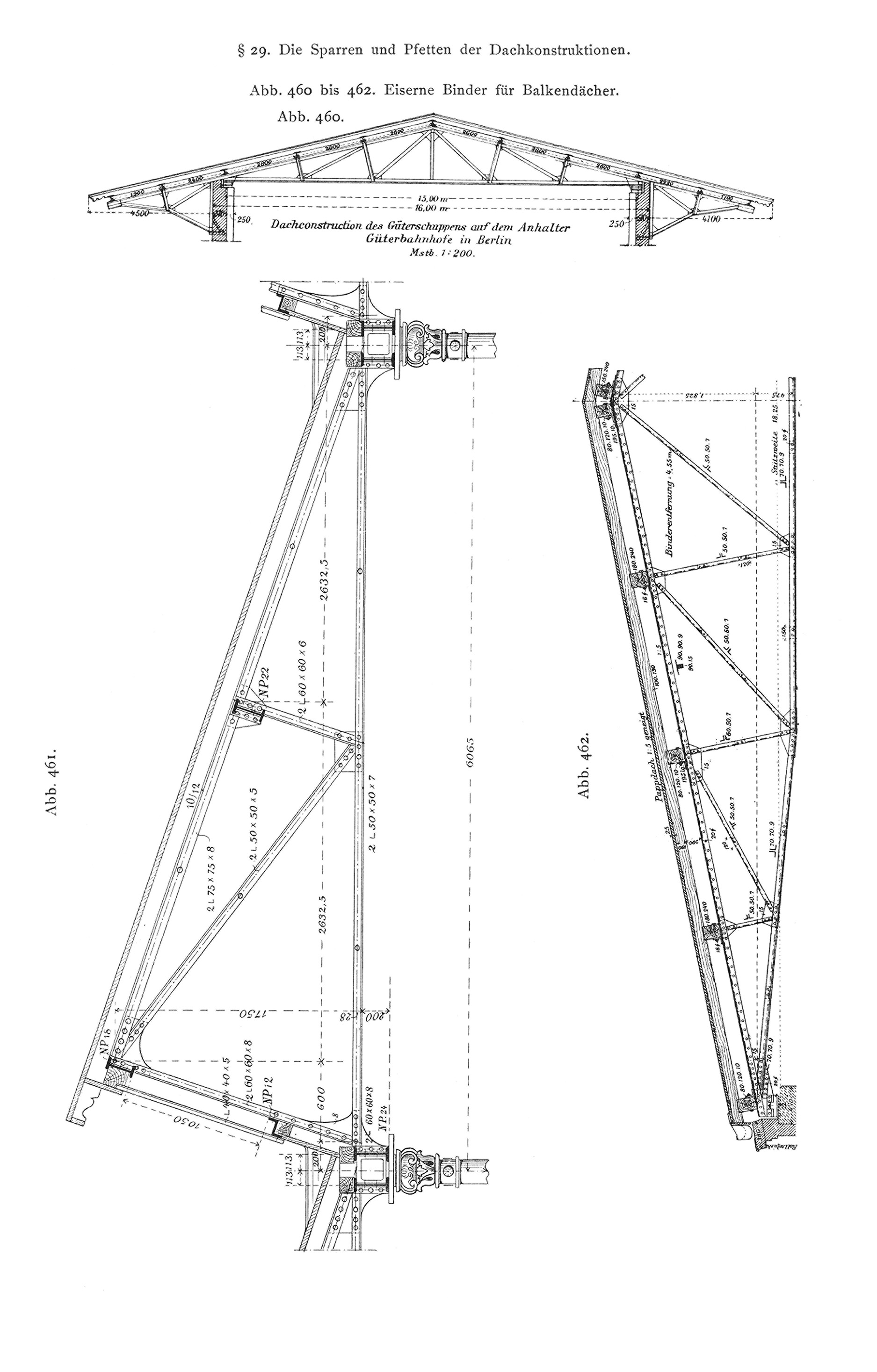 Abb. 460 - 462. Eiserne Binder für Balkendächer.