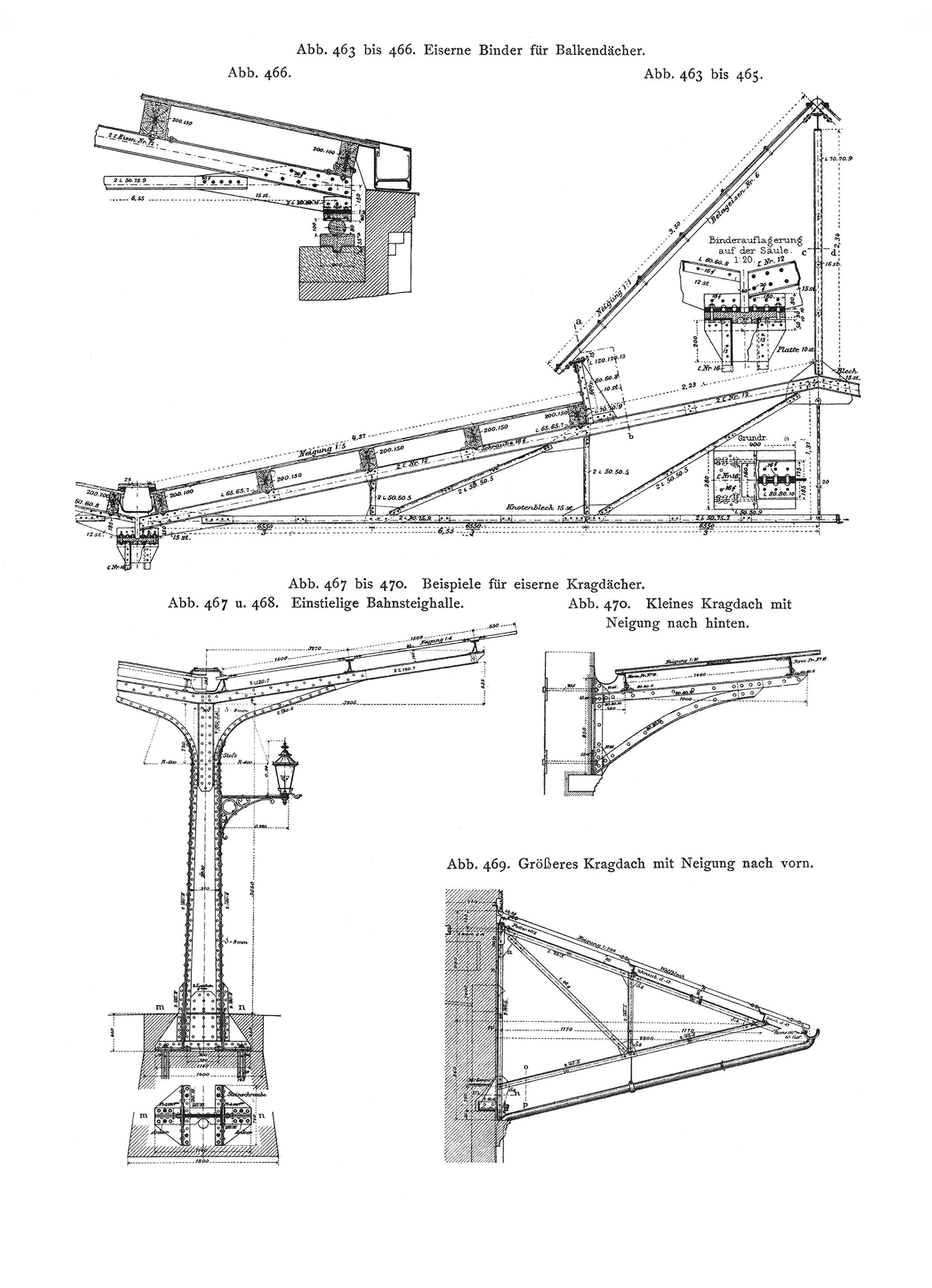 Abb. 463 bis 466: Eiserne Binder für Balkendächer // Abb. 467 bis 470. Beispiele für eiserne Kragdächer. // Abb. 467 u. 468. Einstielige Bahnsteighalle. // Abb. 470. Kleines Kragdach mit Neigung nach hinten. // Abb. 469. Größeres Kragdach mit Neigung nach vorn.