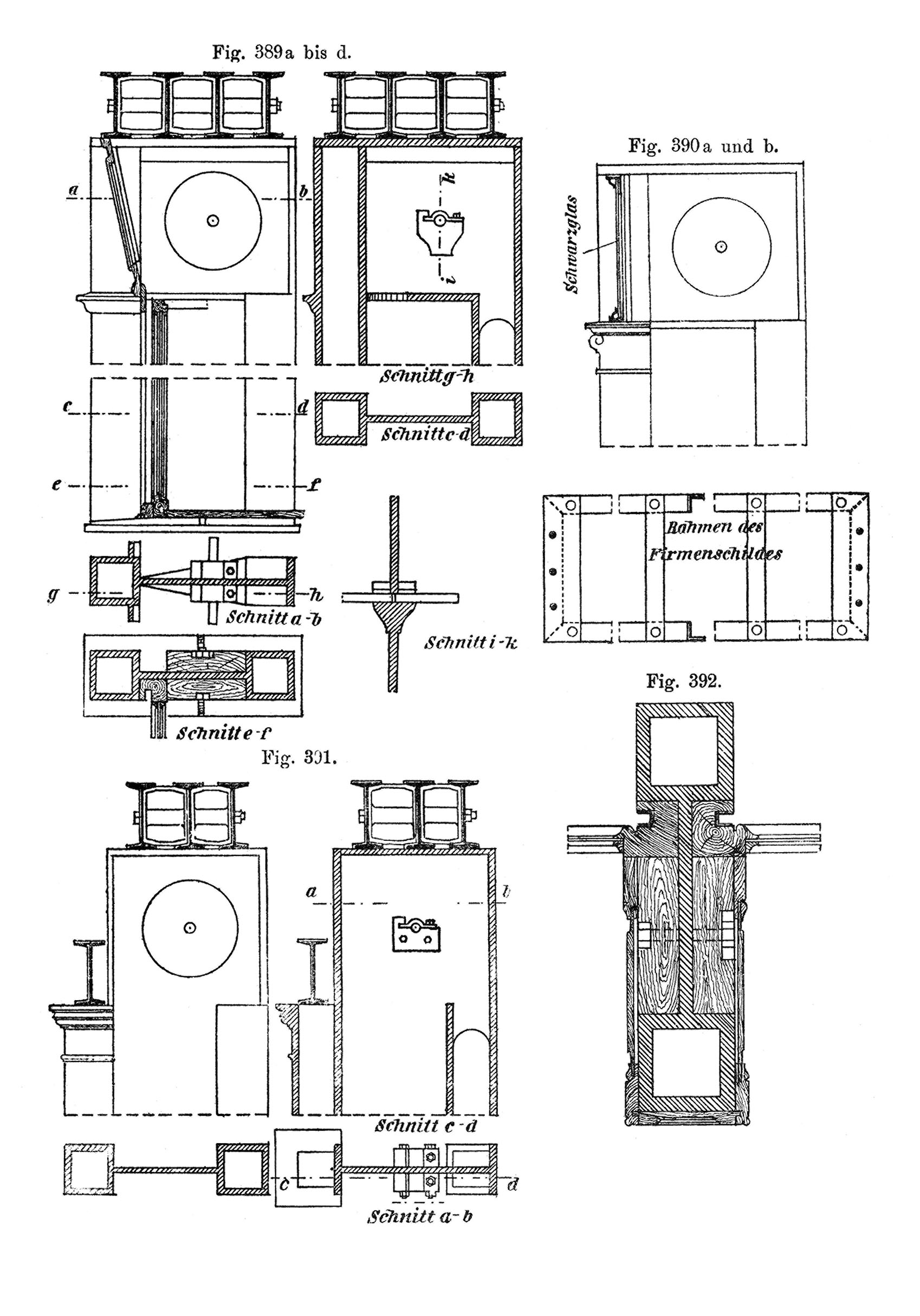 Fig. 389a-d gusseiserne Ladenständer mit gleich hoch liegenden I-Eisen // Fig 390a-b Befestigung eines Firmenschildes aus Schwarzglas // Fig. 391 Anordnung des Rollladenkastens hinter einem Sturz mit unterschiedlich hoch liegenden I-Trägern // Fig. 392 Befestigung der gusseisernen Säule mit am hölzernen Rahmen des Schaufensters [Anm. d. Red.]