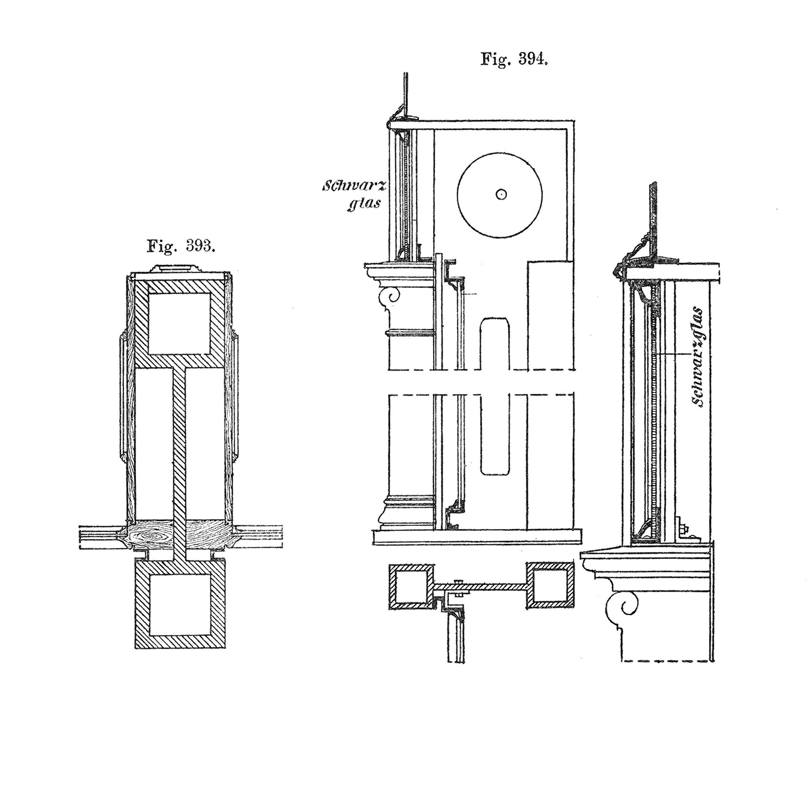 Fig. 393 Befestigung der gusseisernen Säule am hölzernen Rahmen des Schaufensters // Fig. 394 Befestigung der gusseisernen Säule am eisernen Walzprofil-Rahmen des Schaufensters [Anm. d. Red.]