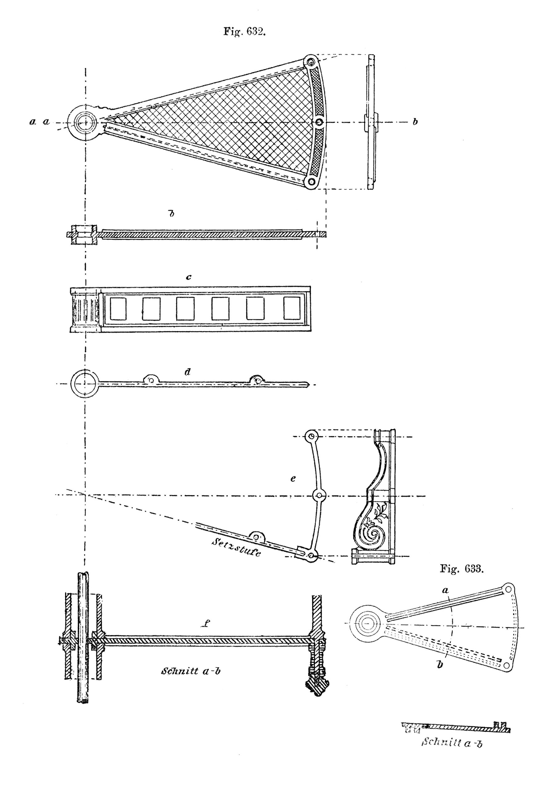 Fig. 632 Aufsicht und Schnitt der Stufe einer Spindeltreppe // Fig. 633 Aufsicht und Schnitt der Stufe einer Spindeltreppe [Anm. d. Red.]