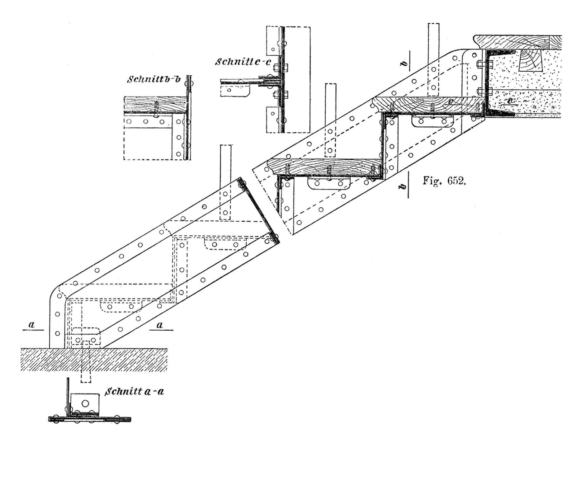 Fig. 652 Treppe bei der die Wange durch zwei Flacheisen verstärkt wird [Anm. d. Red.]