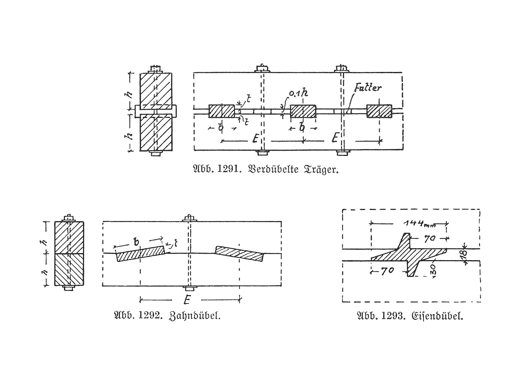 Abb. 1291. // Verdübelte Träger. // Abb. 1292. // Zahndübel. //Abb. 1293. // Eisendübel