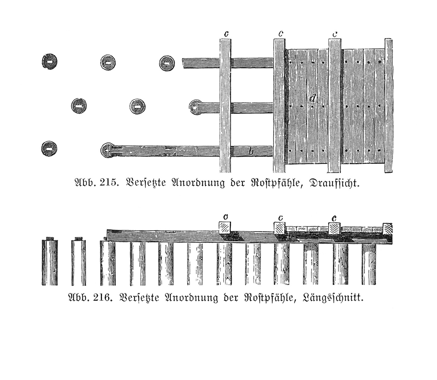 Abb. 215. - Abb. 216. // Versetzte Anordnung der Rostpfähle, Draufsicht, Längsschnitt.