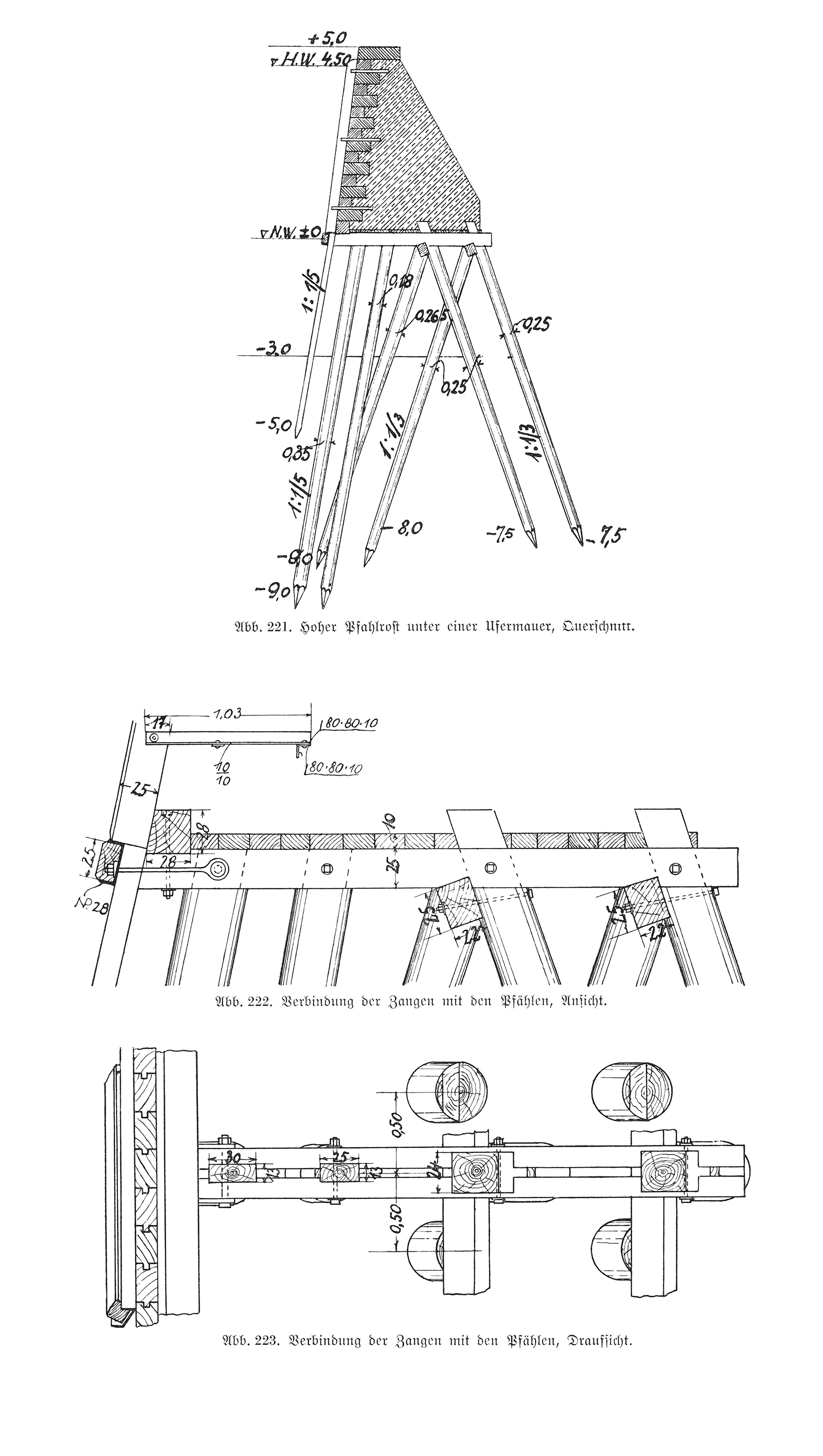 Abb. 221. // Hoher Pfahlrost unter einer Ufermauer, Querschnitt. // Abb. 222. - Abb. 223. // Verbindung der Zangen mit den Pfählen, Ansicht, Draufsicht.