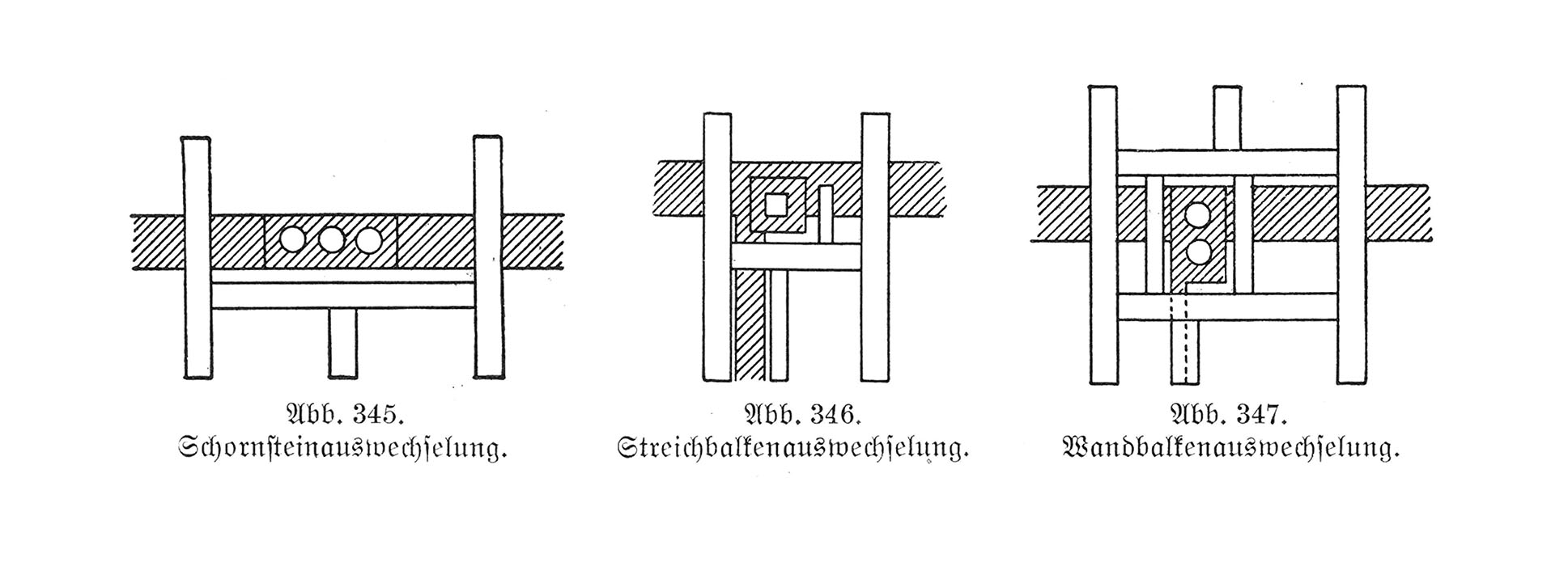 Abb. 345. - Abb. 347. // Auswechselungen bedingt durch Schornsteine [Anm. d. Red.]