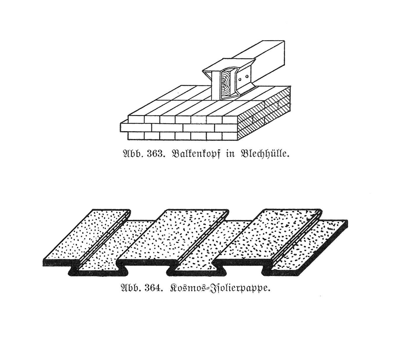 Abb. 363. // Balkenkopf mit Blechhülle. // Abb. 364. // Kosmos-Isolierpappe.