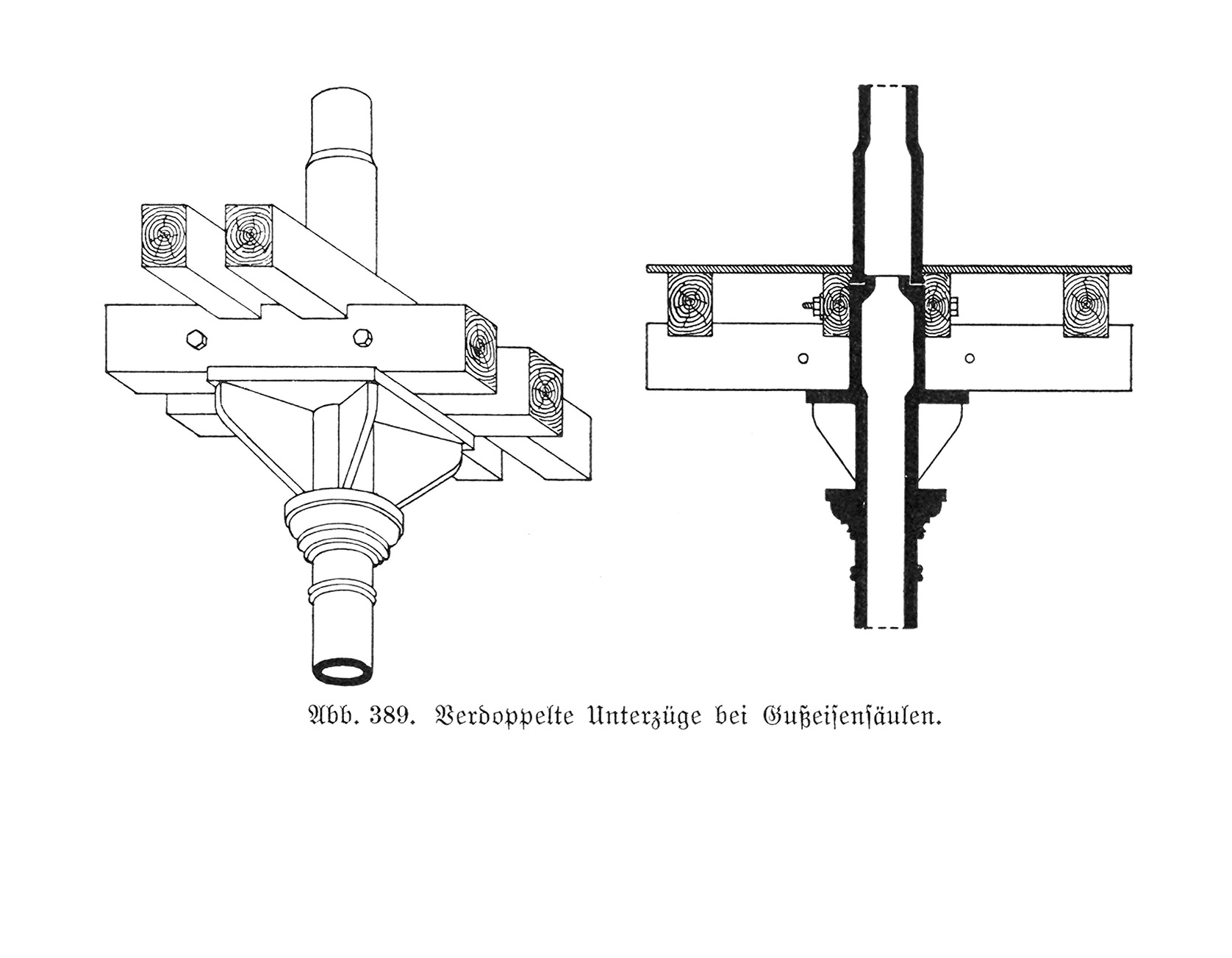 Abb. 389. // Verdoppelte Unterzüge bei Gußeisensäulen