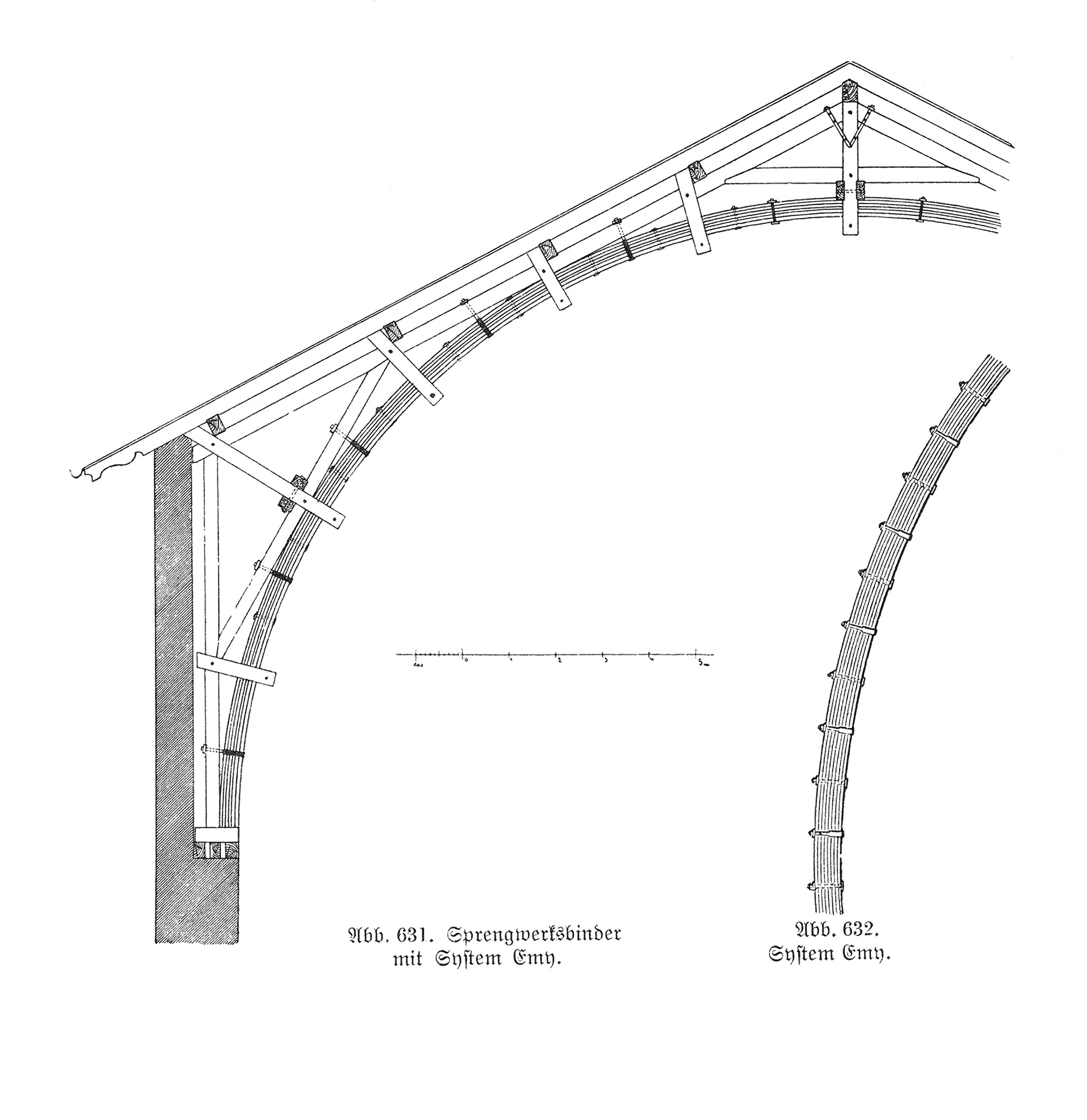 Abb. 631. - Abb. 632. // Sprengwerkbinder mit System Emy.