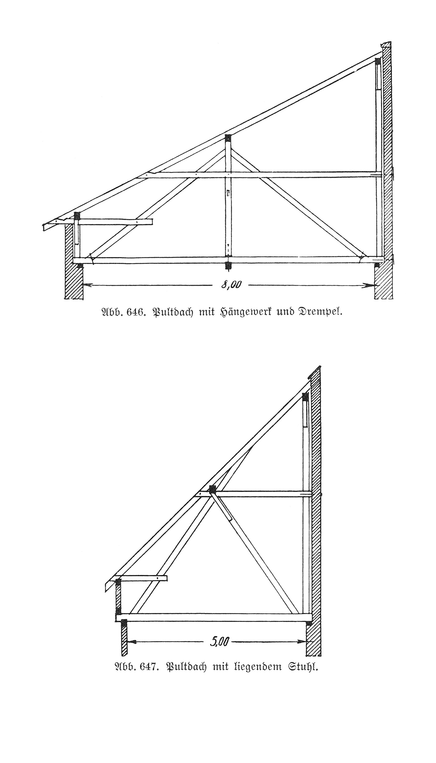 Abb. 646. // Pultdach mit Hängewerk und Drempel. // Abb. 647. // Pultdach mit hängendem Stuhl.