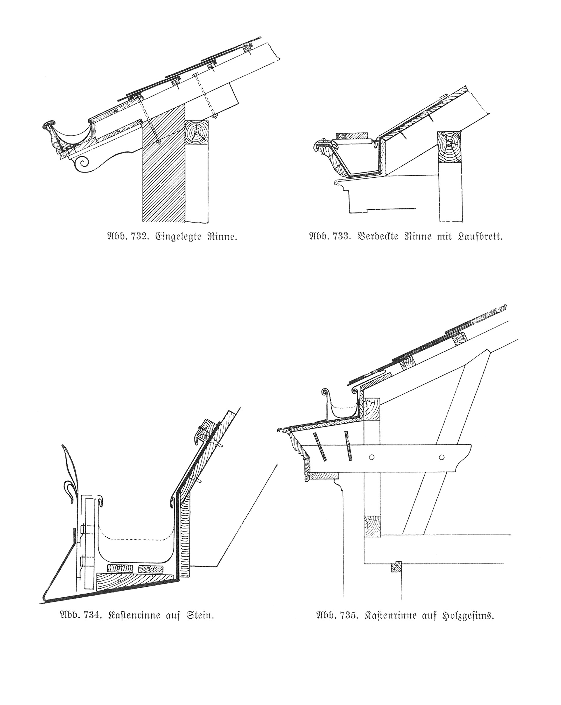 Abb. 732. - Abb. 735. // Varianten für die Anbringung der Rinne [Anm. d. Red.]