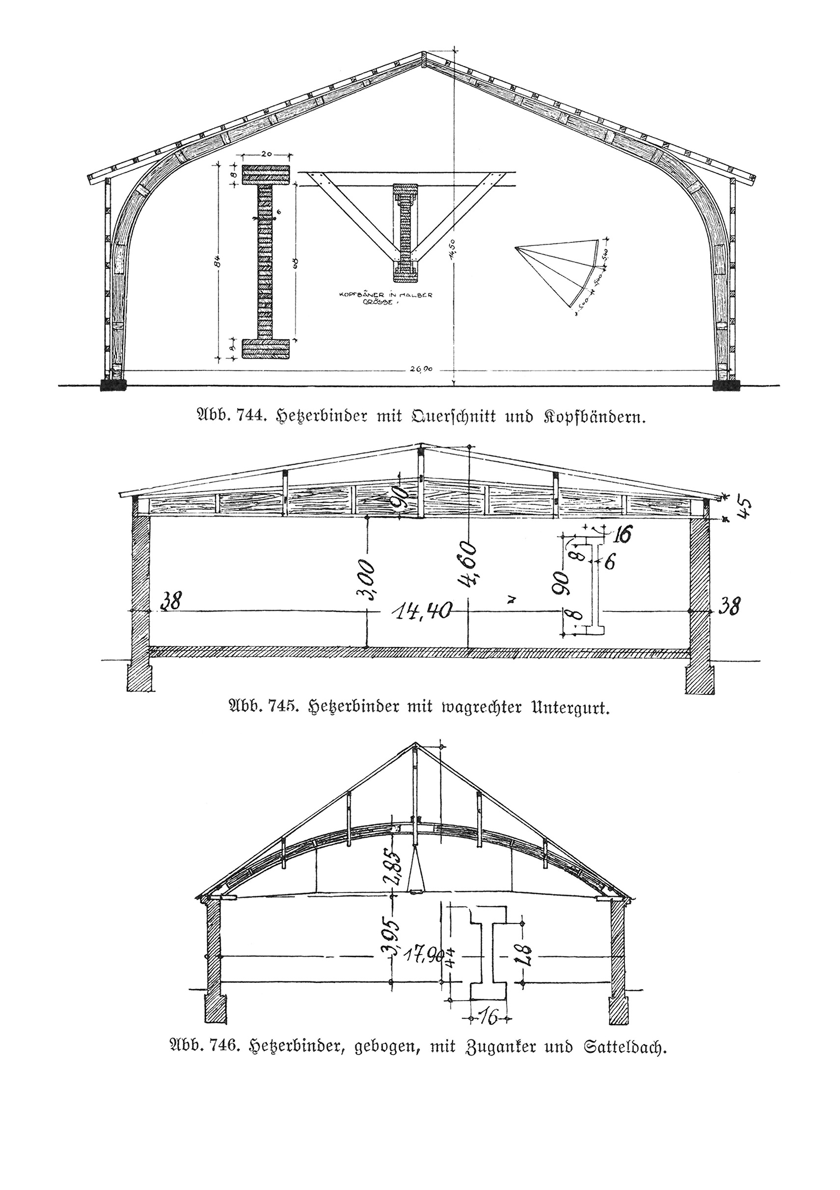 Abb. 744. // Verschiedene Ausführung des Hetzerbinders [Anm. d. Red.]