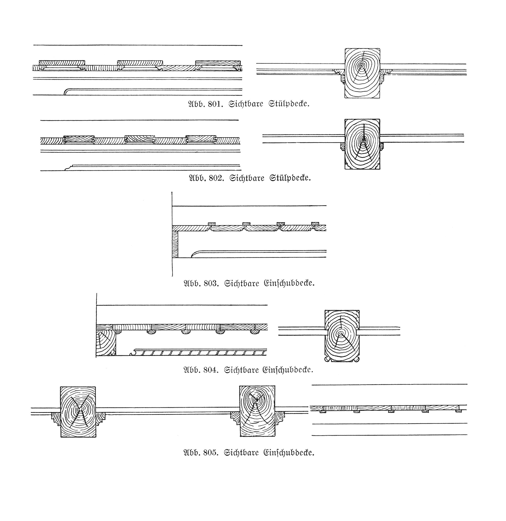 Abb. 801. - Abb. 805. // Sichtbare Einschubdecke und Stülpdecke [Anm. d. Red.]