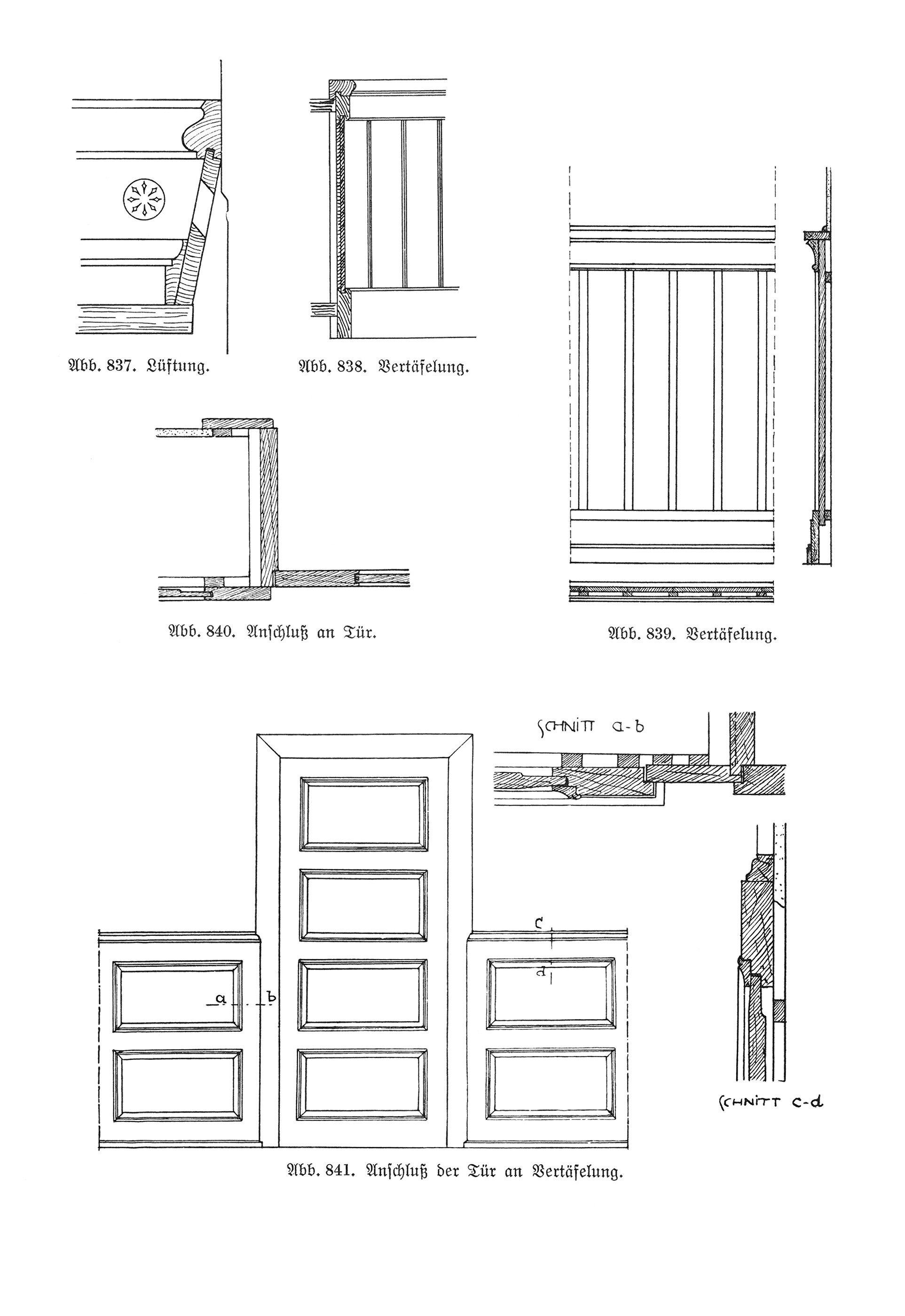 Abb. 837 - Abb. 841. // Anschluss der Tür an Wandvertäfelung [Anm. d. Red.]