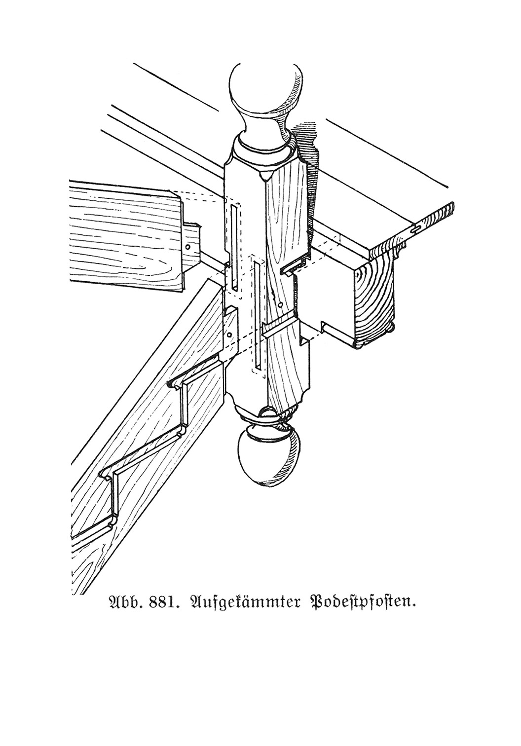 Holztreppe: Aufgekämmter Podestpfosten