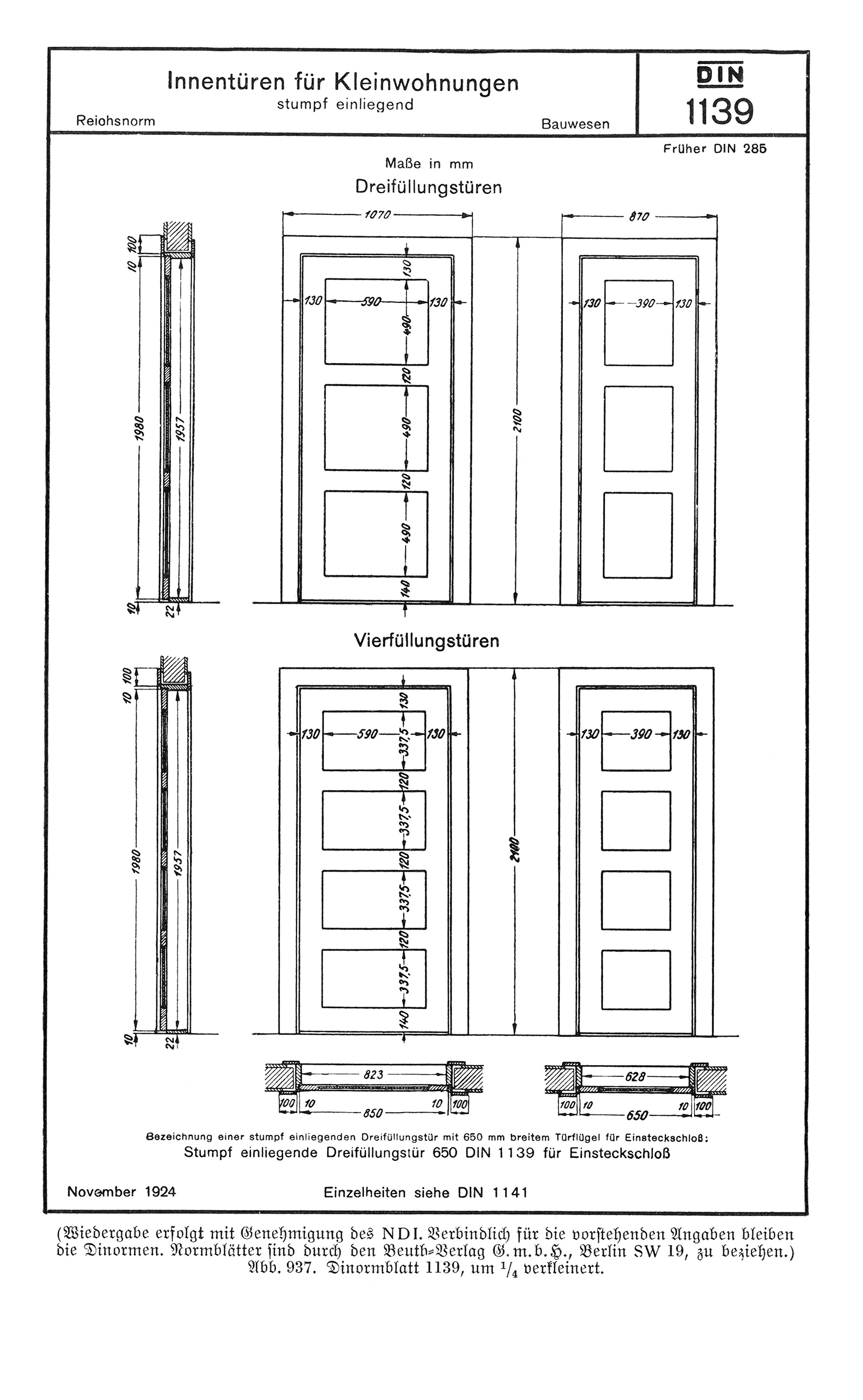 Abb. 937 // DIN-Normblatt Innentüren für Kleinwohnungen [Anm. d. Red.]