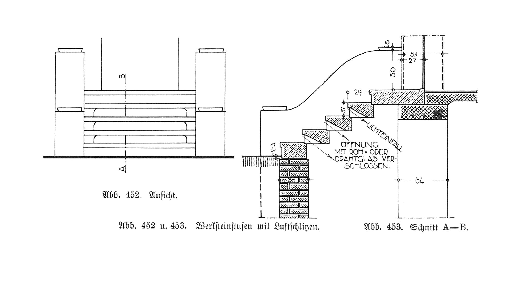 Abb. 452 u. 453. Werksteinstufen mit Luftschlitzen