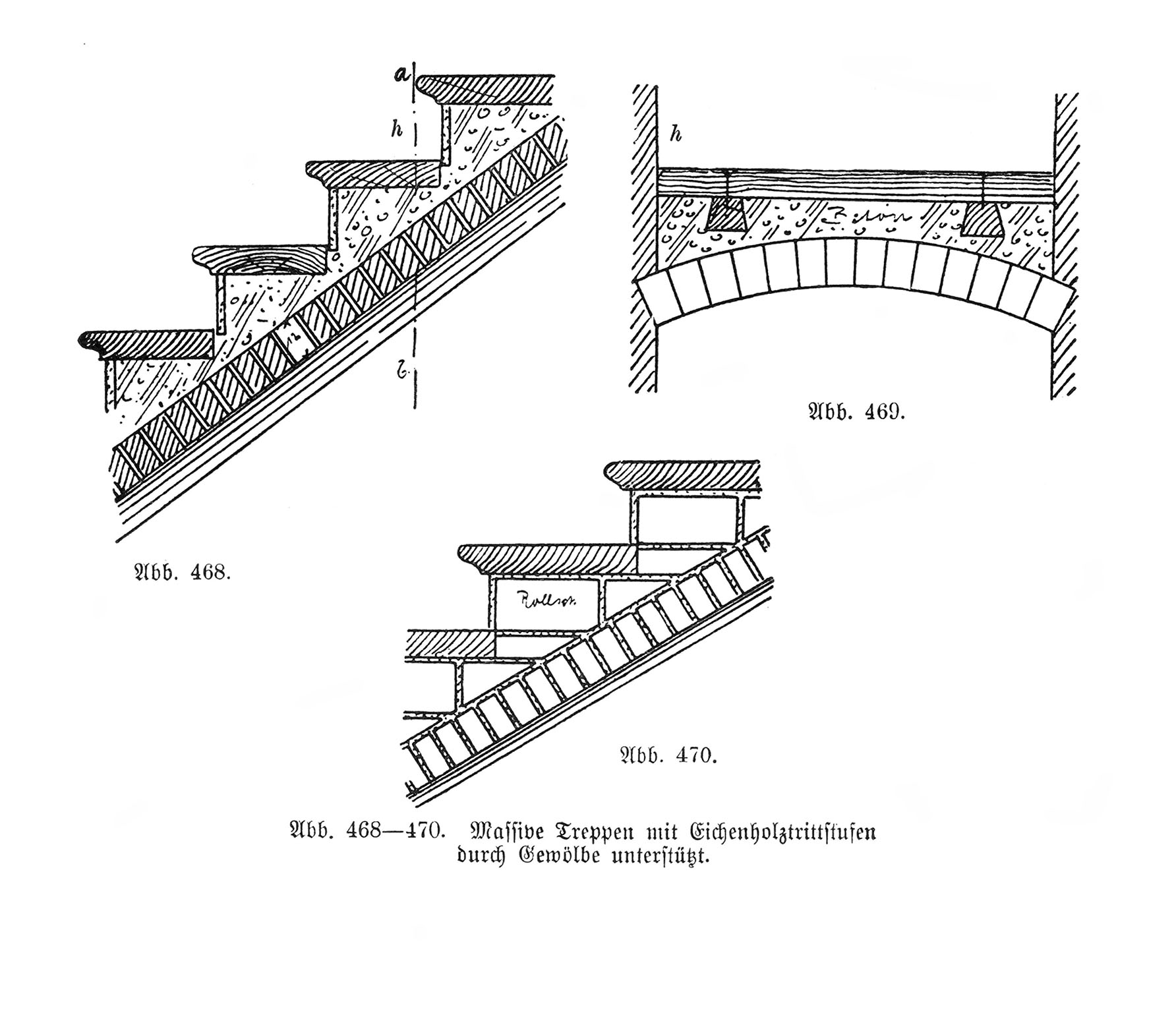 Abb. 468-470. Massive Treppen mit Eichenholztrittstufen durch Gewölbe unterstützt