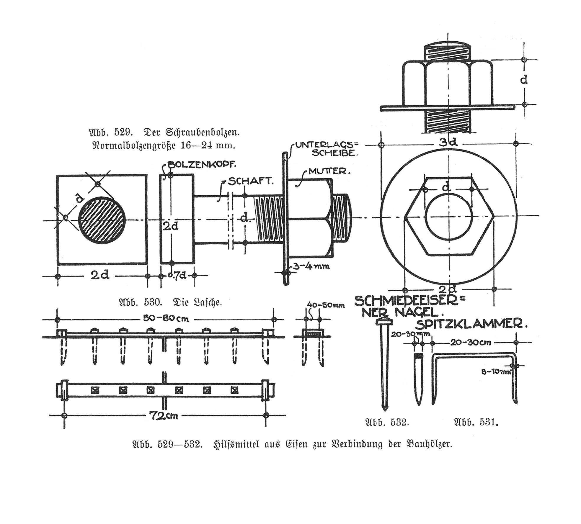Abb. 529-532. Hilfsmittel aus Eisen zur Verbindung der Bauhölzer.