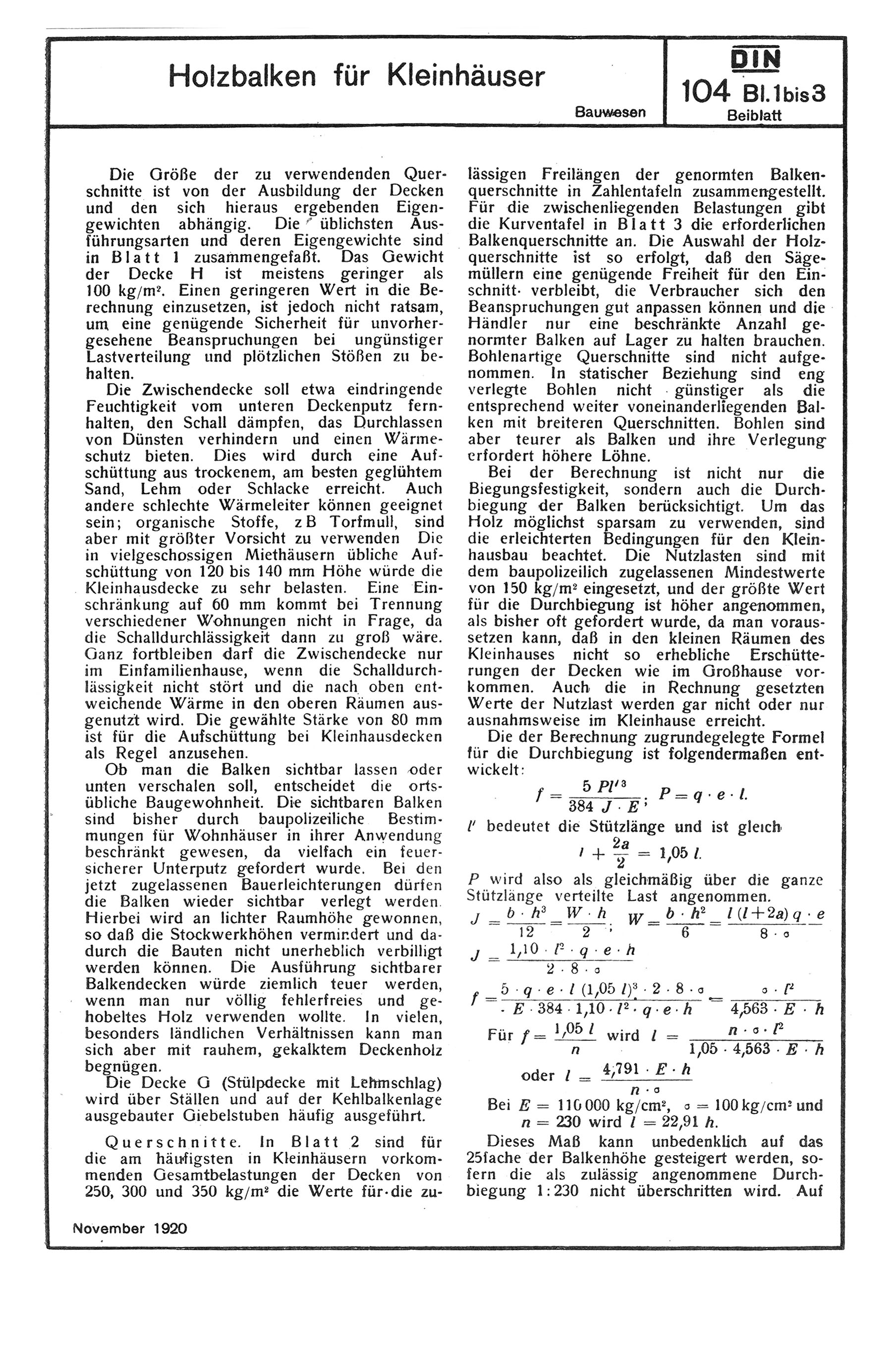 Abb. 591d. DIN 104 Bl.1 bis 3, Beiblatt - Holzbalken für Kleinhäuser
Abb. 591e. DIN 104 Bl.1 bis 3, Beiblatt (Rückseite) - Holzbalken für Kleinhäuse
