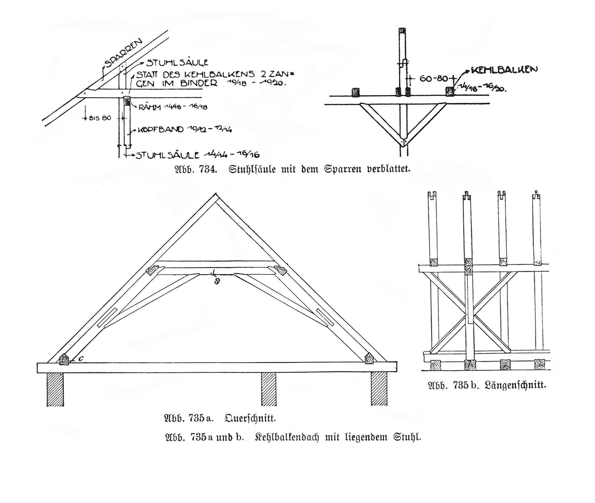 Abb. 784. Stuhlsäule mit dem Sparren verblattet. // Abb. 735a und b. Kehlbalkendach mit liegendem Stuhl.
