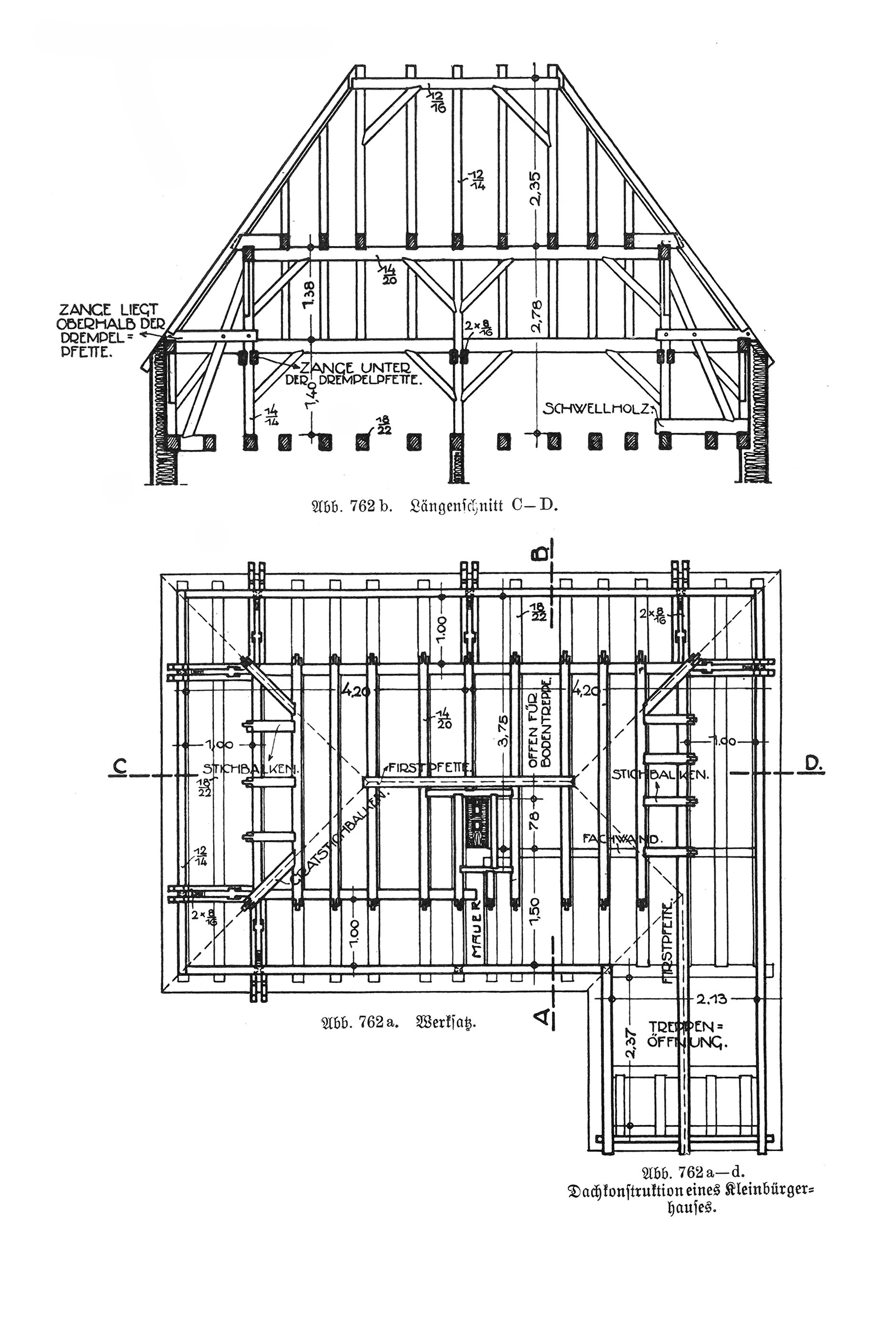 Abb. 762a-d Dachkonstruktion eines Kleinbürgerhauses. // Abb. 762a. Werksatz. // Abb. 762b. Längenschnitt C-D.