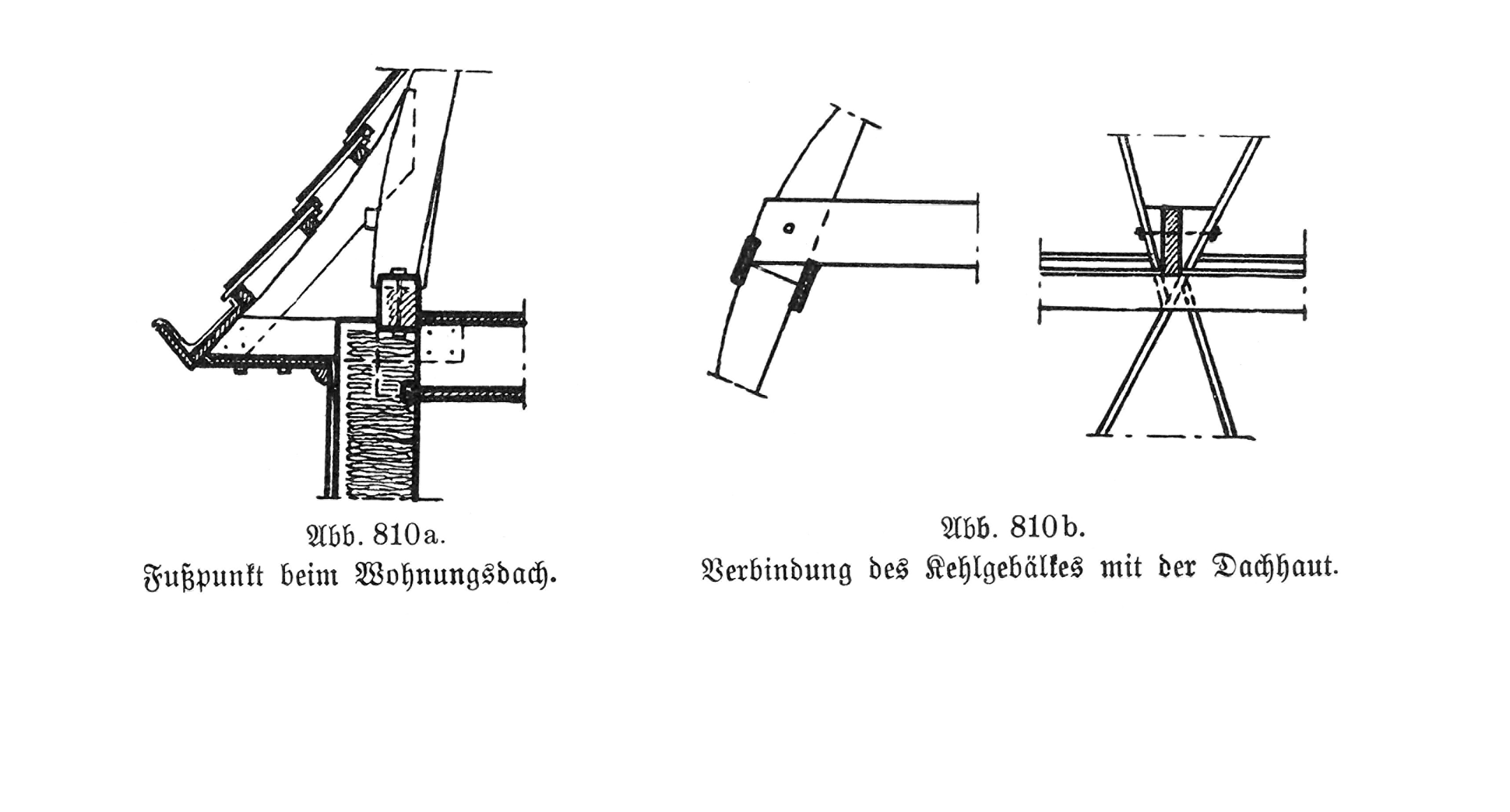 Abb. 810a. Fußpunkt beim Wohnungsdach // Abb. 810b. Verbindung des Kehlgebälkes mit der Dachhaut.