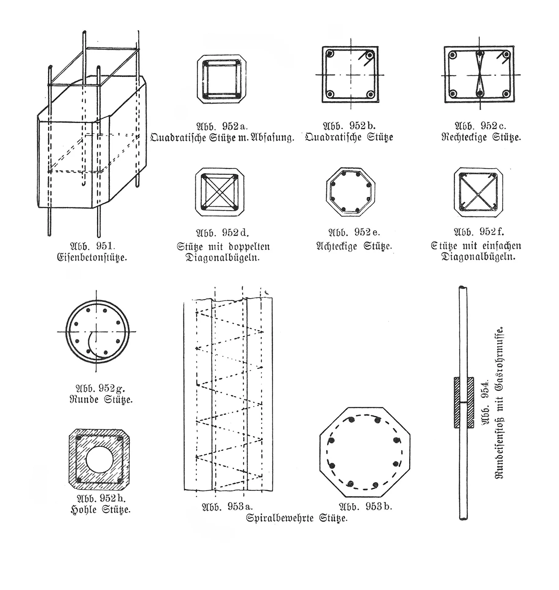 Abb. 951. Eisenbetonstütze // Abb. 952a. Quadratische Stütze m. Abfasung // Abb. 952b. Quadratische Stütze // Abb. 952c. Rechteckige Stütze // Abb.952d. Stütze mit doppelten Diagonalbügeln. // Abb. 052e. Achteckige Stütze // Abb 952f. Stütze mit einfachen Diagonalbügeln // Abb. 952g. Runde Stütze // Abb.952h. Hohle Stütze // Abb. 953a und b. Spiralbewehrte Füße // Abb.954. Rundeisenstoß mit Gasrohrmuffe