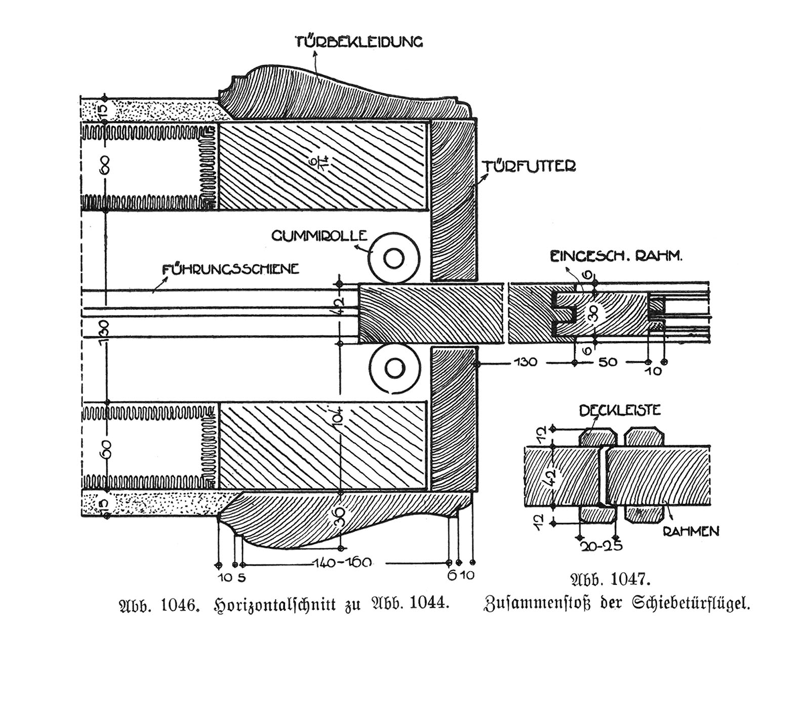 Abb- 1046. Horizontalschnitt zu Abb. 1044. // Abb. 1047. Zusammenstoß der Schiebetürflügel.