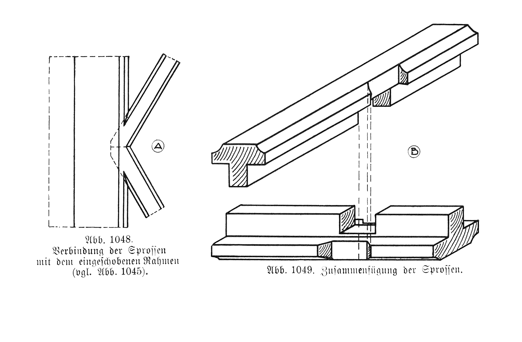 Abb. 1048. Verbindung der Sprossen mit dem eingeschobenen Rahmen (vgl. Abb. 1045). // Abb. 1049. Zusammenfügung der Sprossen.