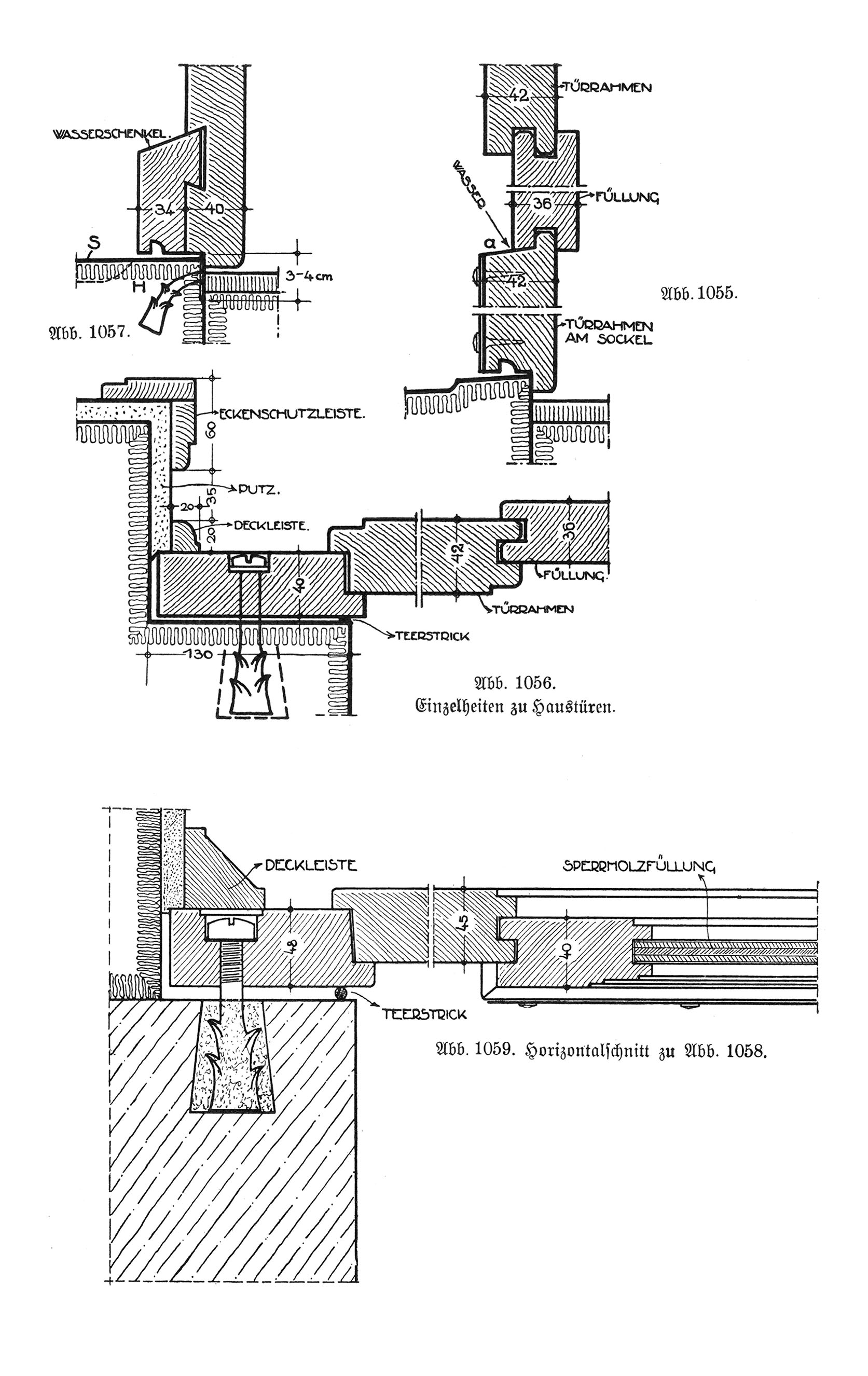 Abb. 1055. - 1057. Einzelheiten zu Haustüren // Abb. 1059. Horizontalschnitt zu Abb. 1058