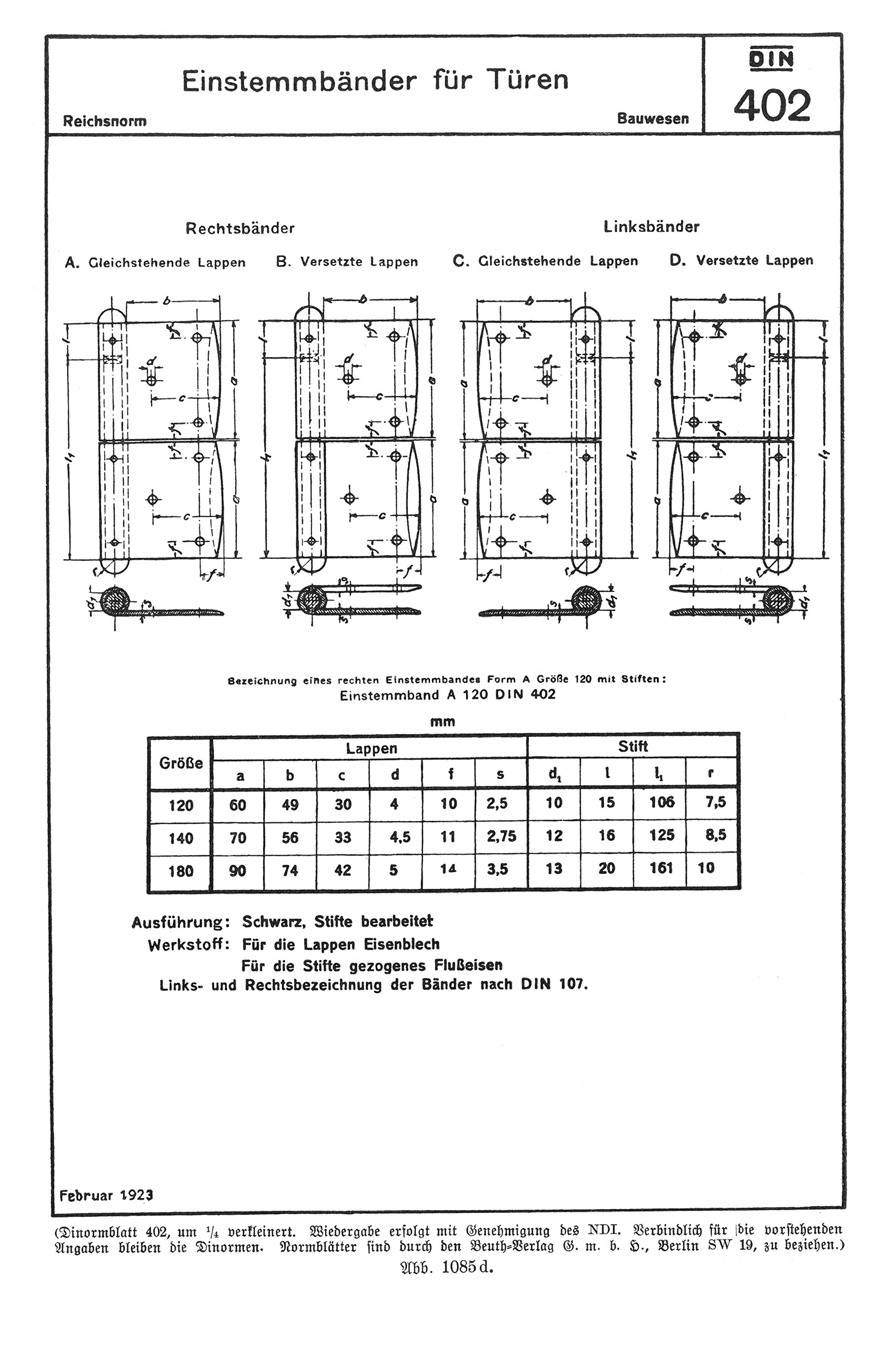 DIN 402. Einstemmbänder für Türen [Anm. d. Red.]