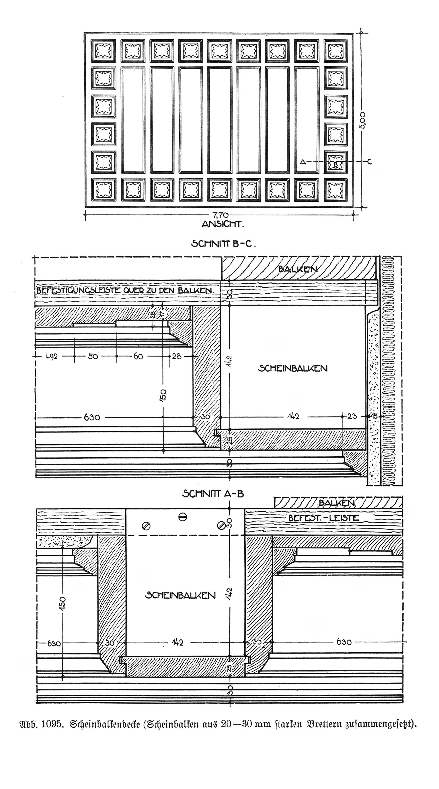Abb. 1095. Scheinbalkendecke (Scheinbalken aus 20-30mm starken Brettern zusammengesetzt).