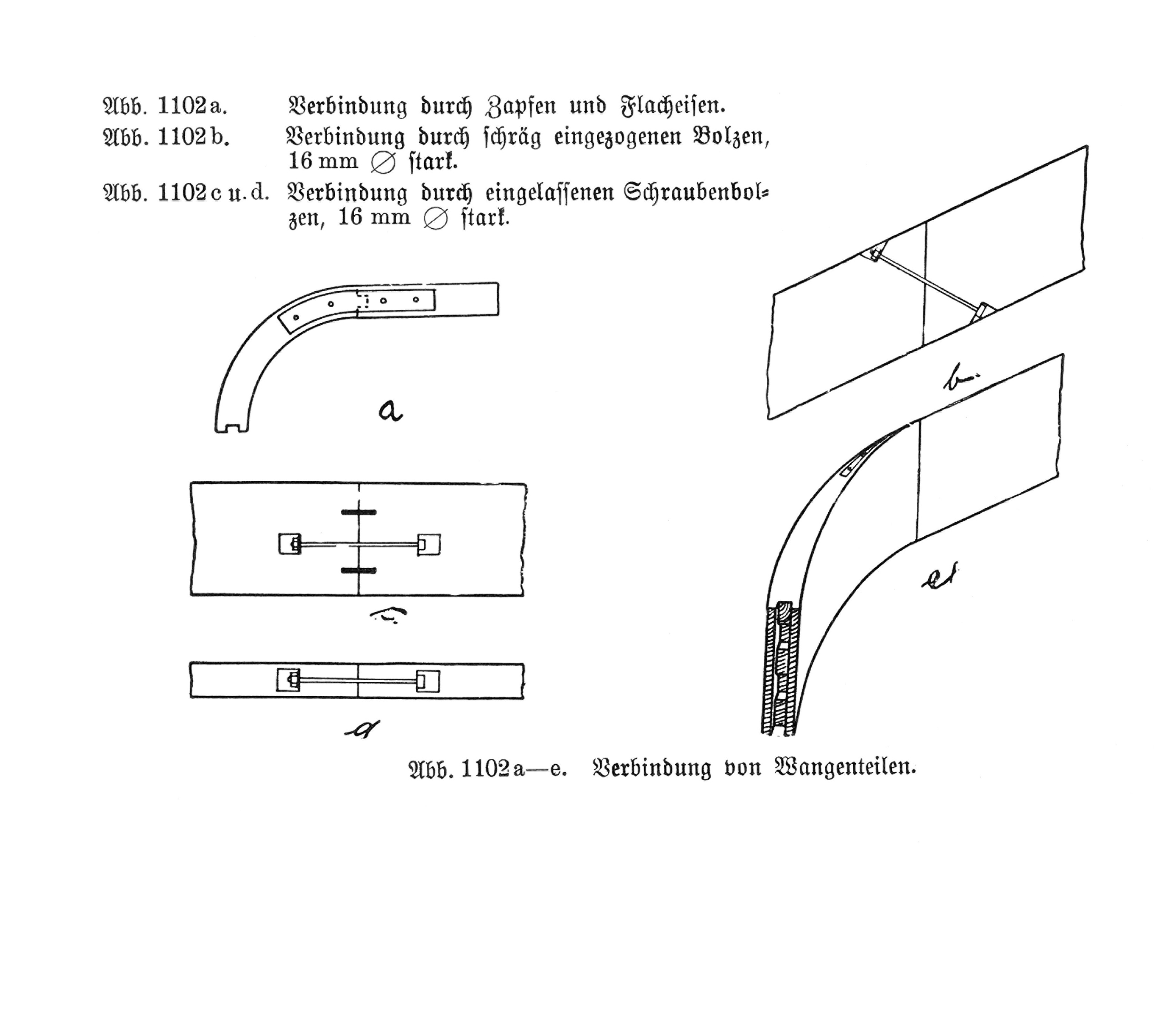 Abb. 1102a. Verbindung durch Zapfen und Flacheisen // Abb. 1002b. Verbindung durch schräg eingezogenen Bolzen. 16mm stark // Abb. 1102 c. u. d. Verbindung durch eingelassenen Schraubenbolzen, 16mm stark.