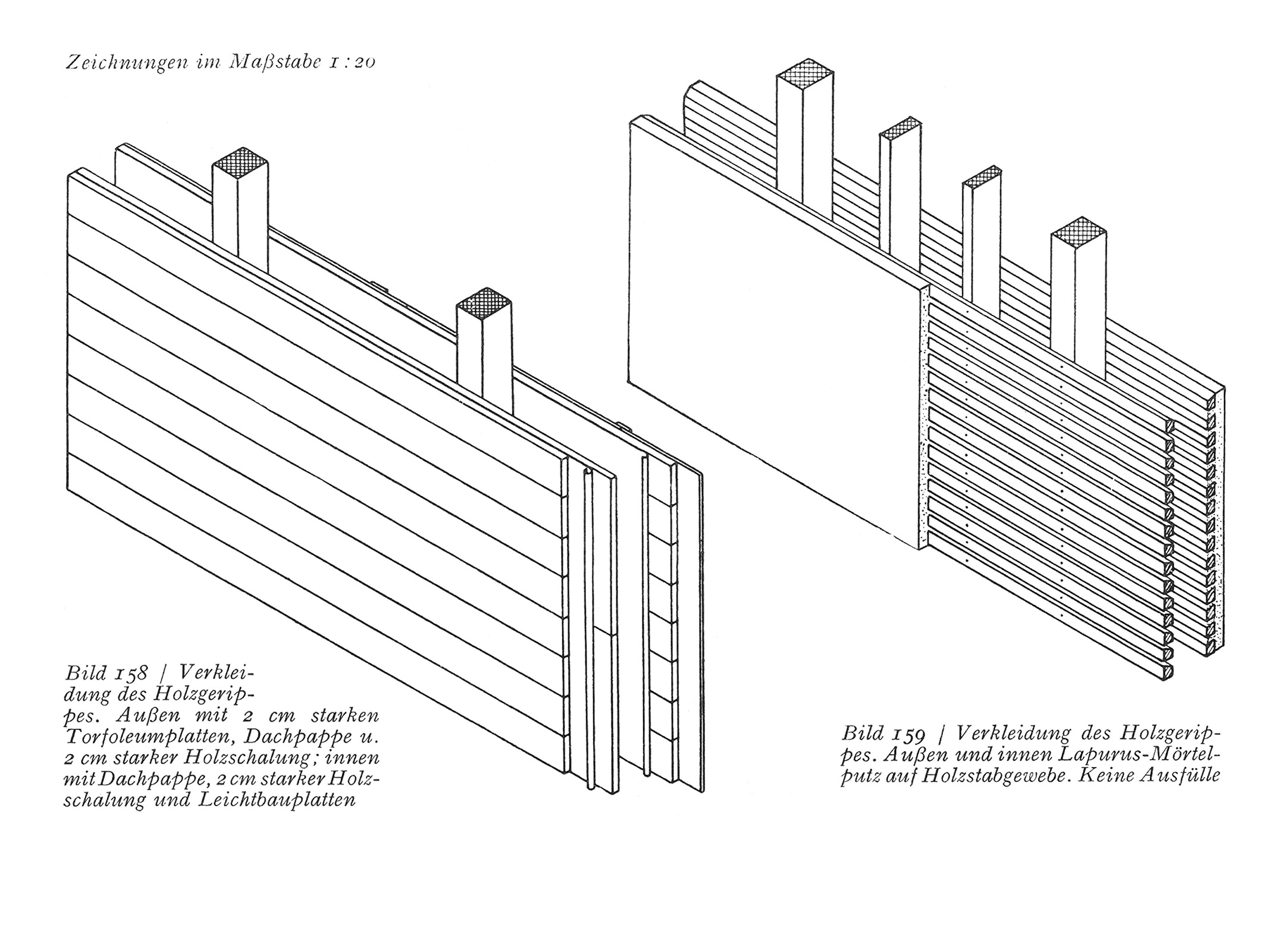 Bild 158 / Verkleidung des Holzgerippes. Außen mit 2 cm starken Torfoleumplatten, Dachpappe u. 2 cm starker Holzschalung; innen mit Dachpappe, 2 cm starker Holzschalung und Leichtbauplatten // Bild 159 / Verkleidung des Holzgerippes. Außen und innen Lapurus-Mörtelputz auf Holzstabgewebe. Keine Ausfülle