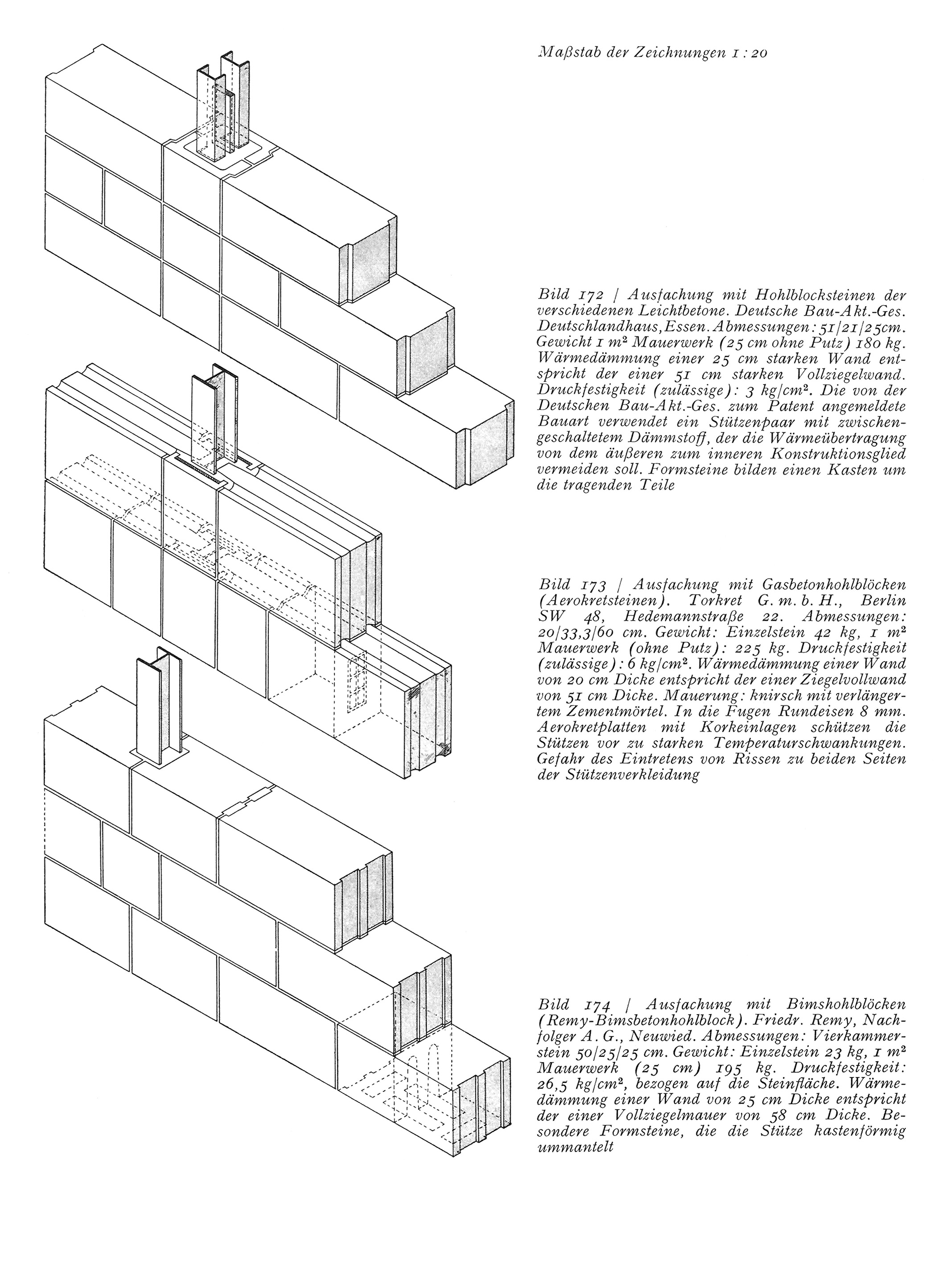 Bild 172 / Ausfachung mit Hohlblocksteinen der verschiedenen Leichtbetone. // Bild 173 / Ausfachung mit Gasbetonhohlblöcken (Aerokretsteinen). // Bild 174 / Ausfachung mit Bimshohlblöcken