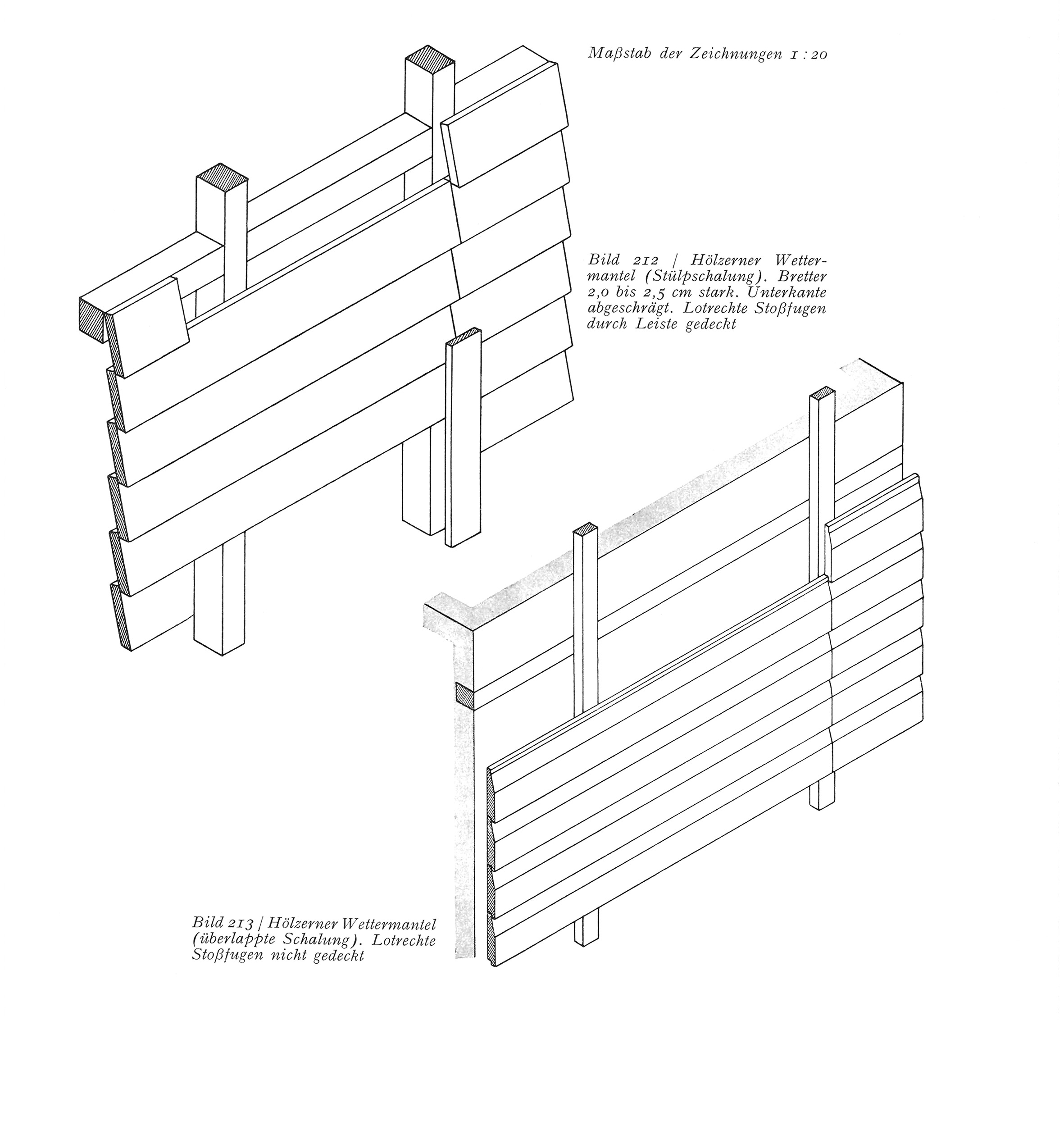 Bild 212 / Hölzerner Wettermantel (Stülpschalung). Bretter 2,0 bis 2,5 cm stark. Unterkante abgeschrägt. Lotrechte Stoßfugen durch Leiste gedeckt // Bild 213 / Hölzerner Wettermantel (überlappte Schalung). Lotrechte Stoßfugen nicht gedeckt