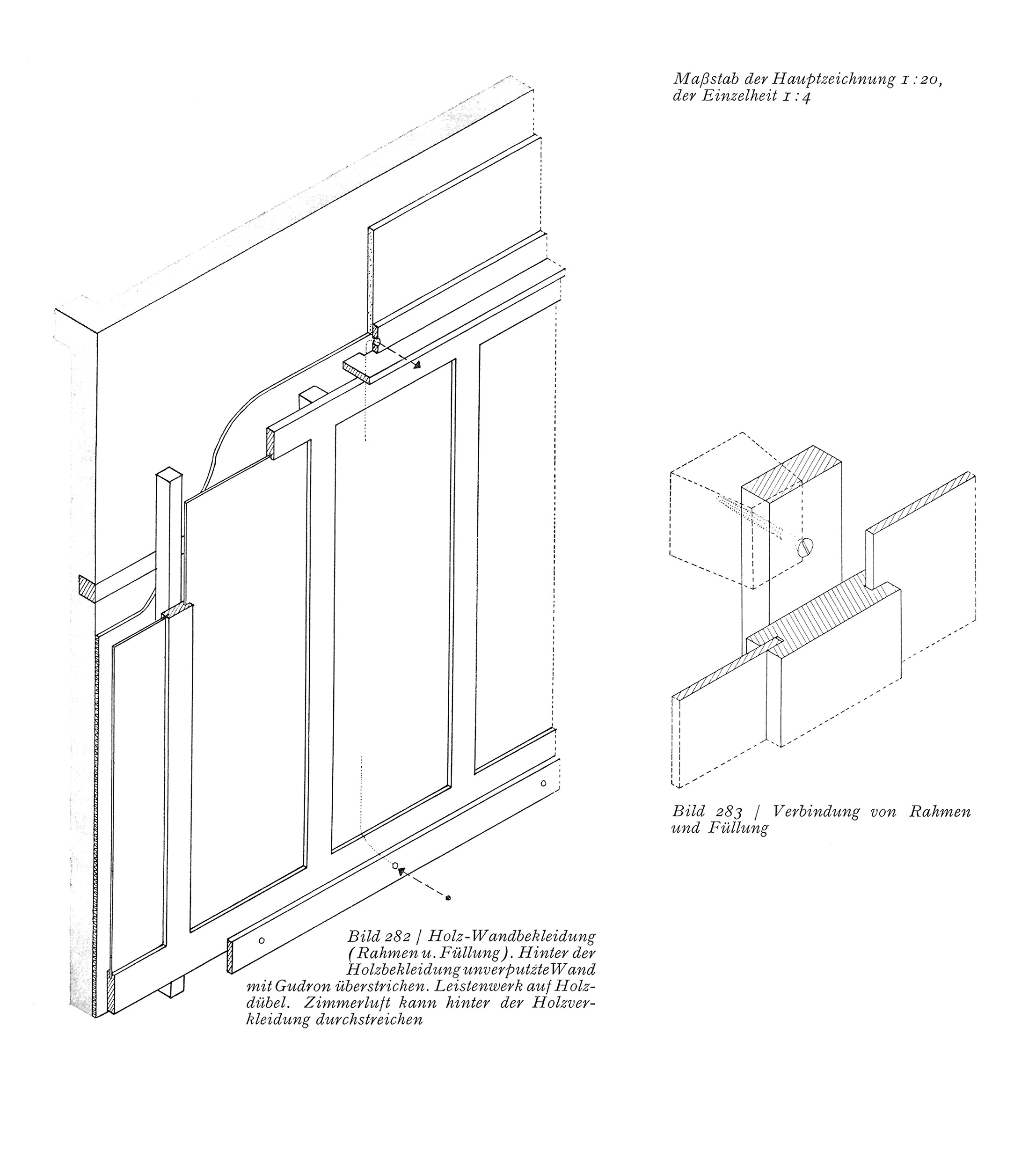 Bild 282 / Holz-Wandbekleidung (Rahmen u. Füllung). // Bild 283 / Verbindung von Rahmen und Füllung