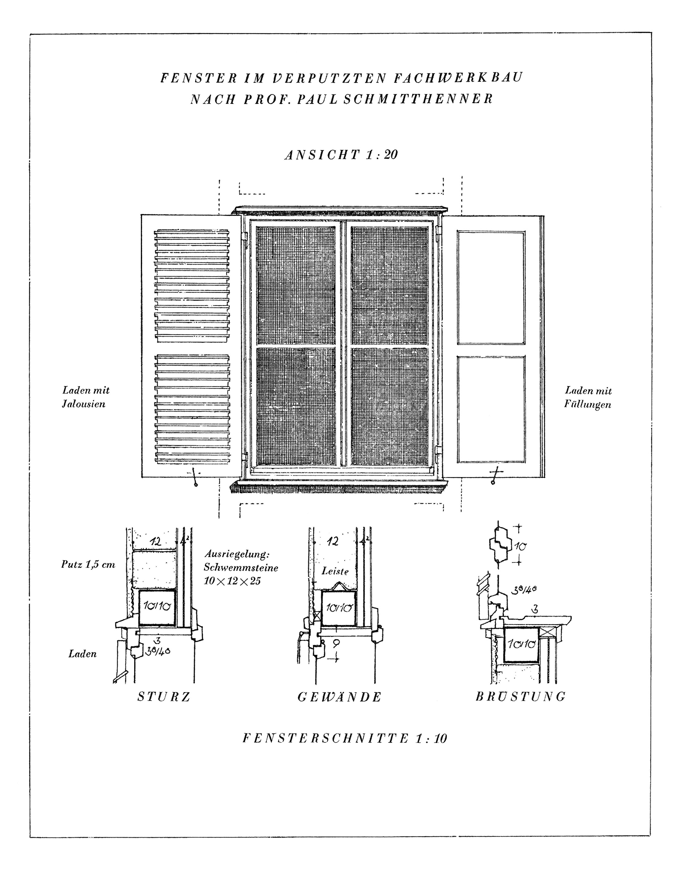 Das Fenster im verputzten Fachwerk, links mit Jalousieladen, rechts mit Bretterladen
