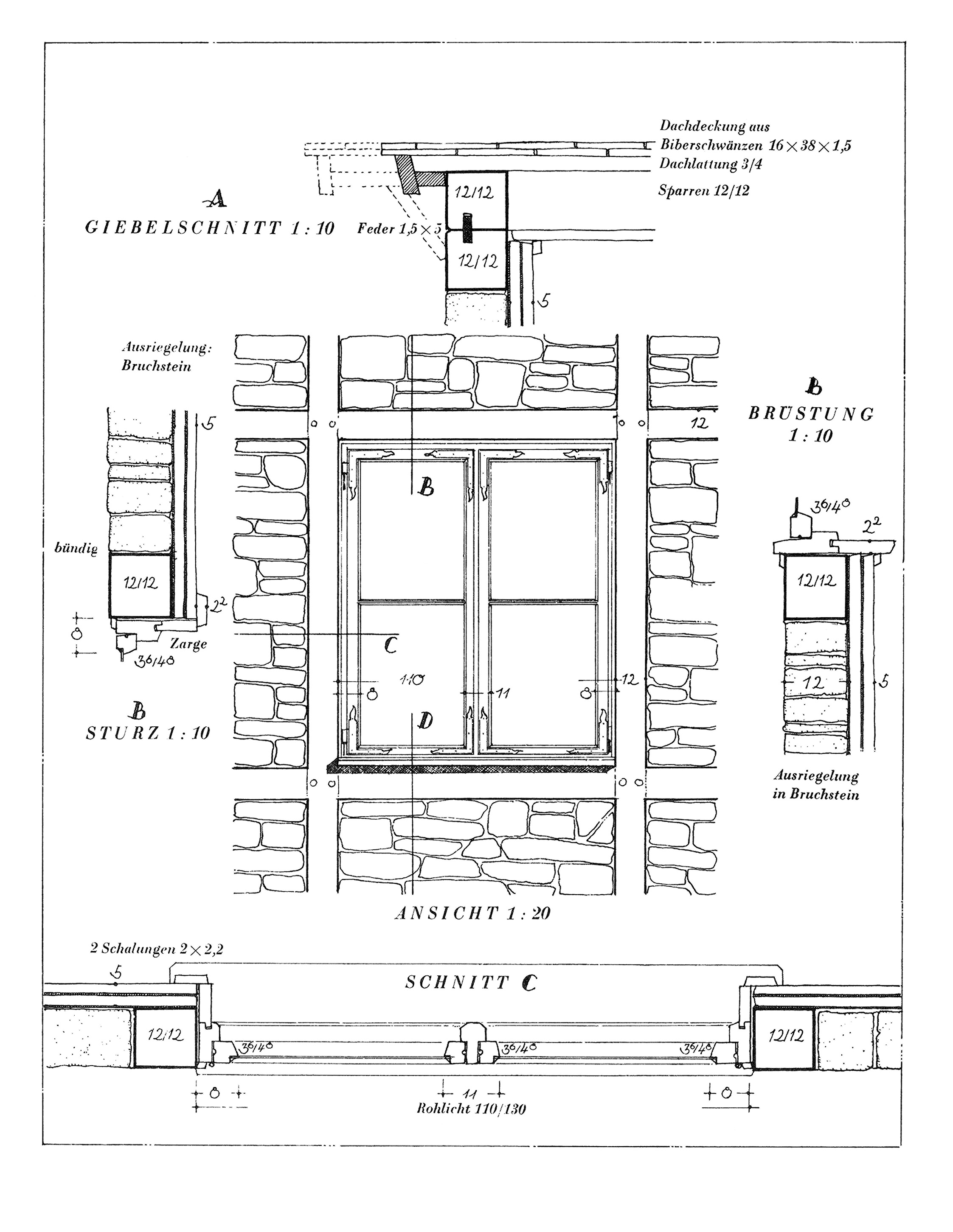 Das Fenster im zweigeschossigen Fachwerkhaus und ein Giebelschnitt