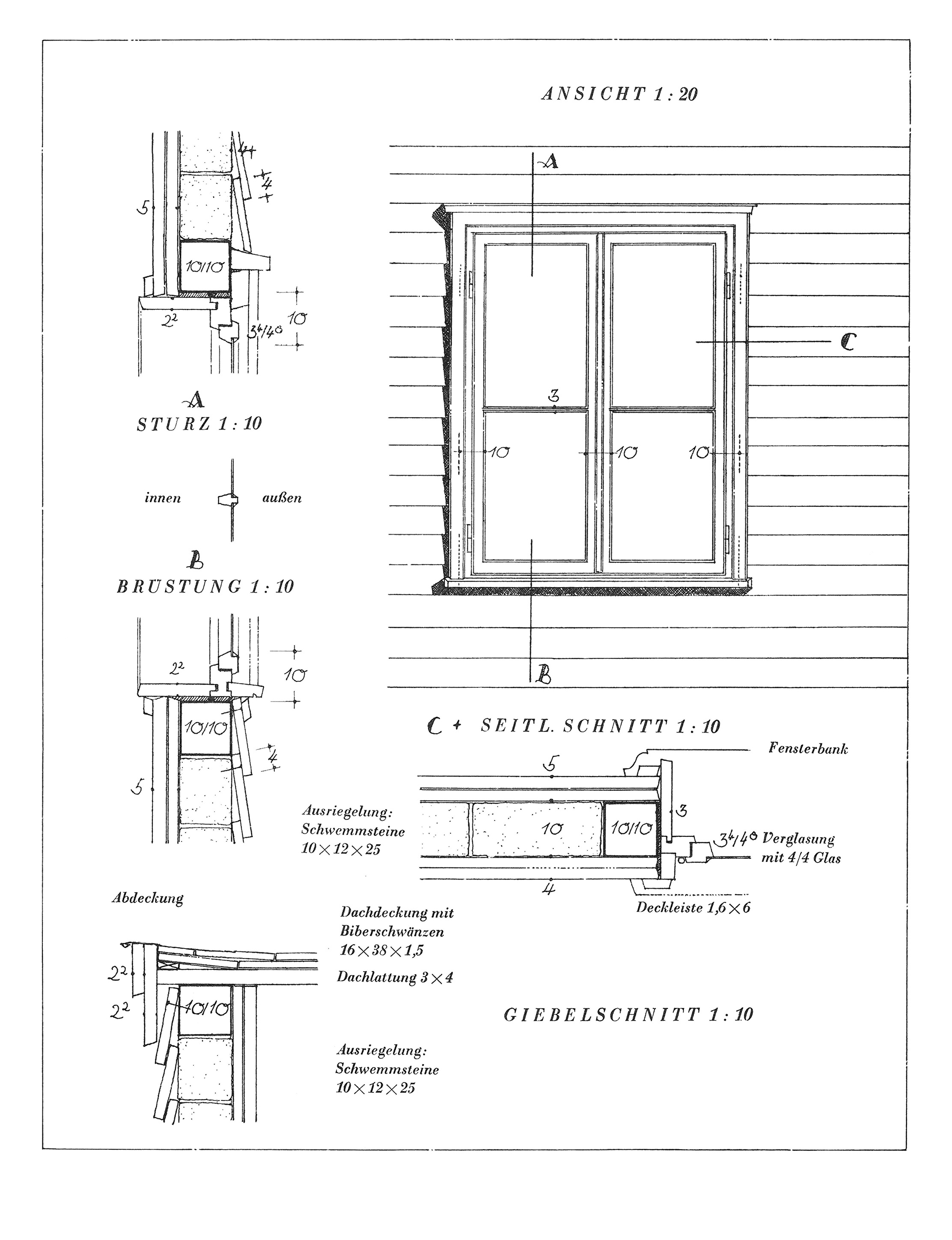 Das Fenster im waagerecht verschalten Fachwerk, dazu Fensterschnitte und ein Giebelschnitt