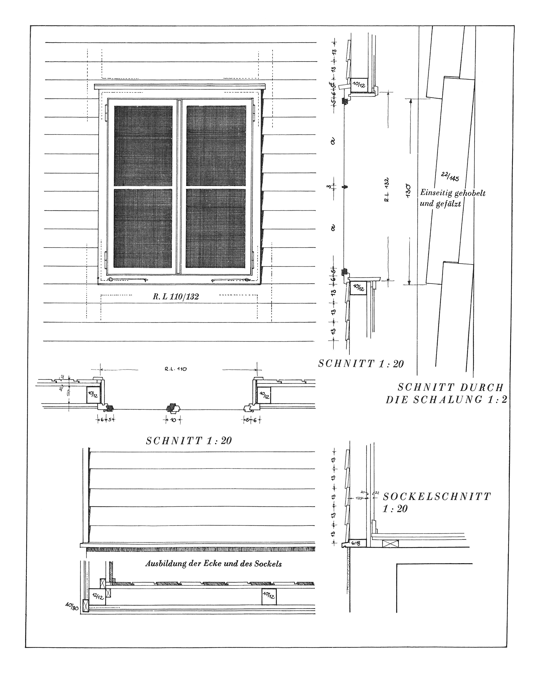 Außenansicht, Grundriß und Längsschnitt durch ein Fenster im waagerecht verschalten Ständerfachwerk. Ferner der Sockelschnitt und die Ausbildung des Eckpfostens