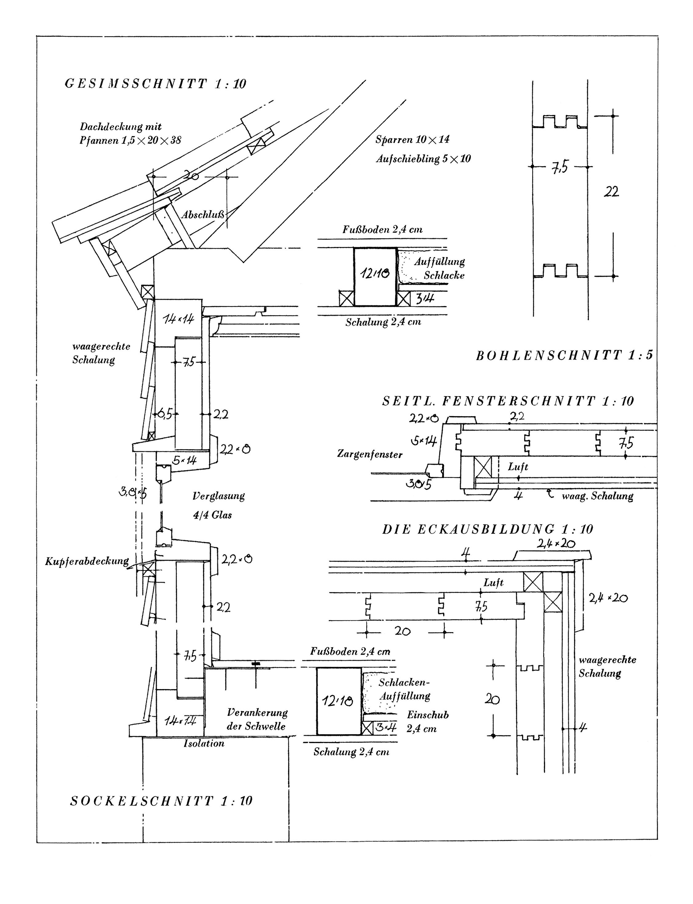 Details eines Holzhauses in Blockbauweise mit Steildach