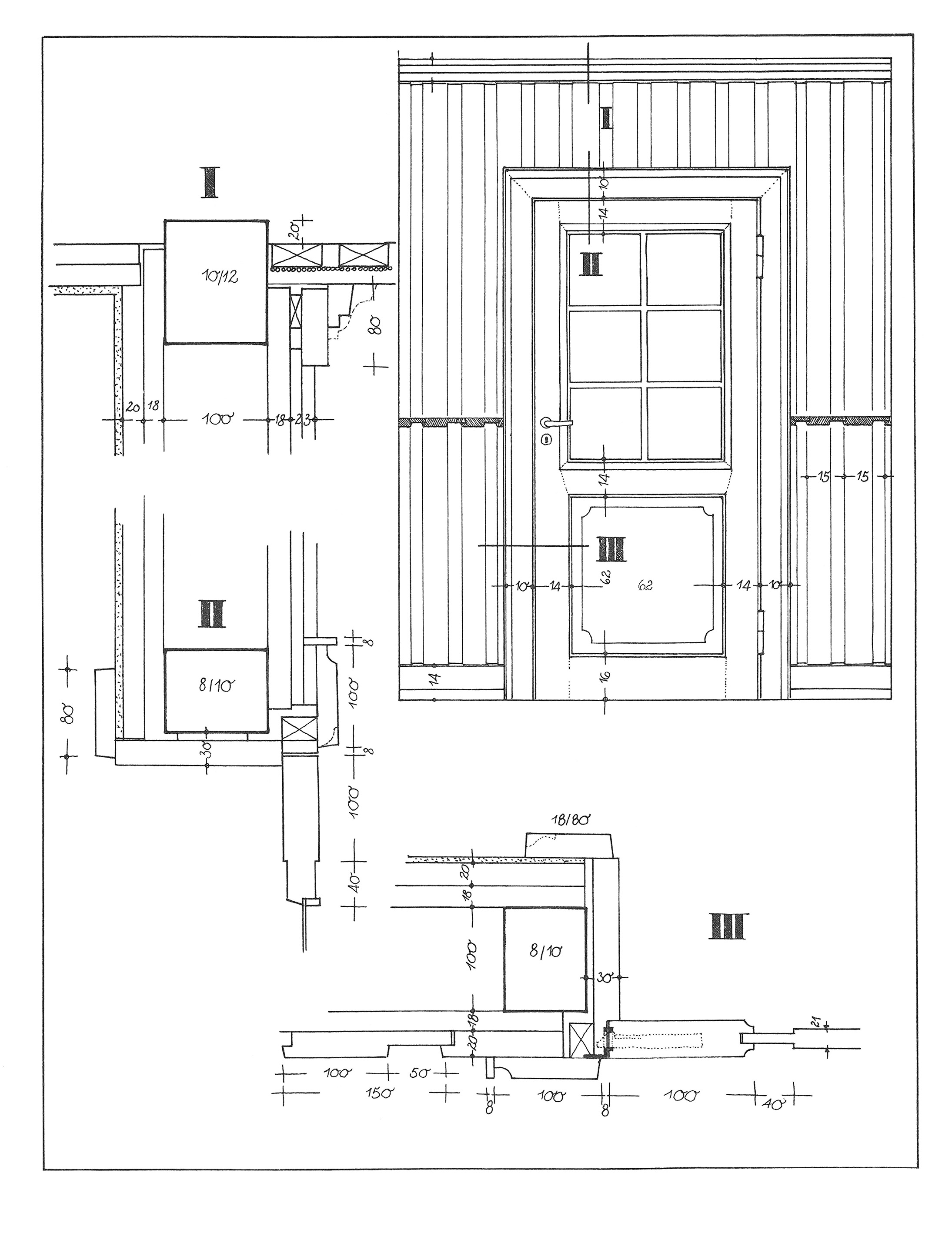 Einflügelige, verglaste Zimmertür mit unterer massiver, verleimter Füllung. Die Wand ist mit breit gefälzter Schalung verkleidet. Ansicht M 1:20 und Einzelschnitte M 1:5