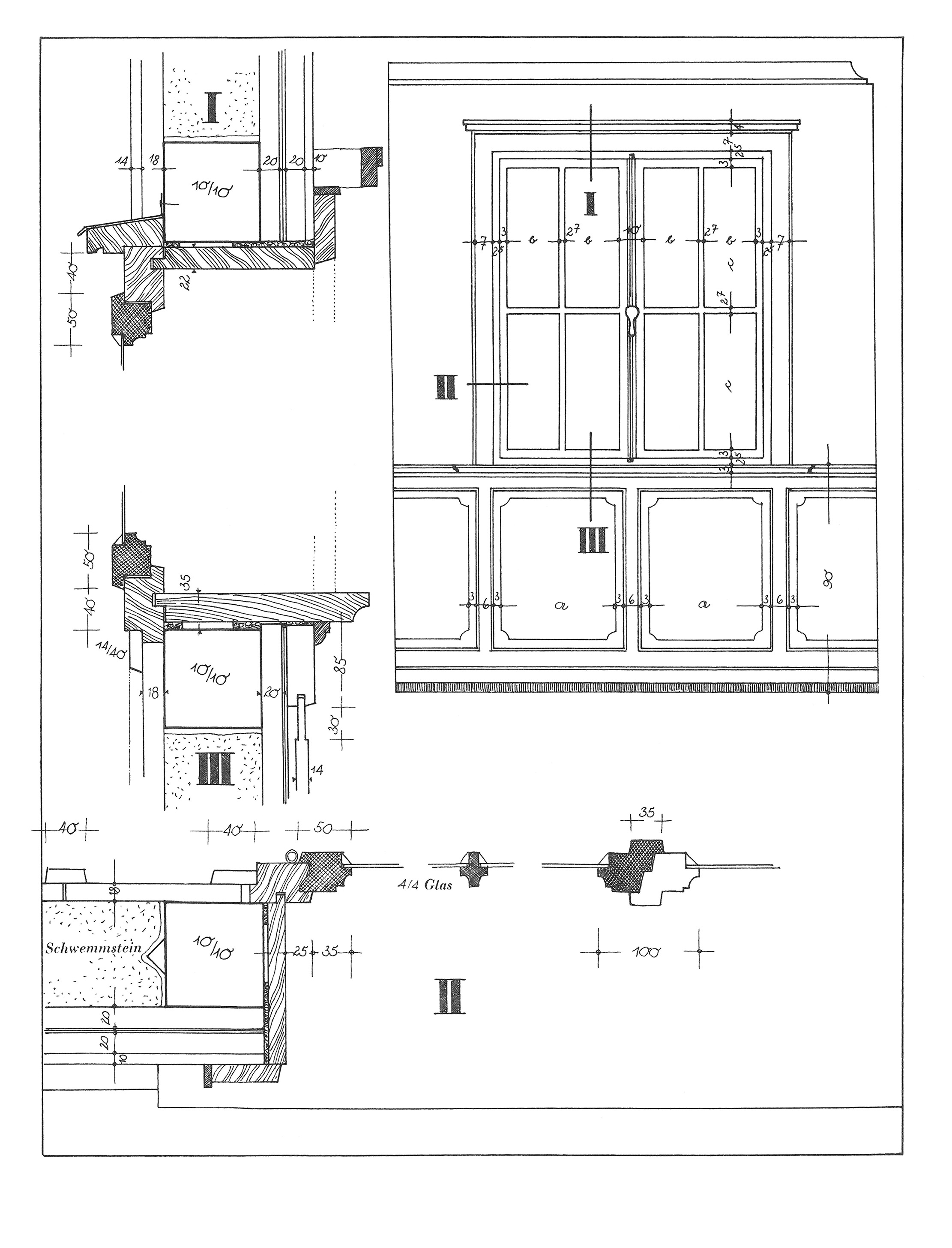 Zweiflügeliges, nach außen schlagendes Fenster. Die Wand ist bis zur Fensterbankhöhe mit Rahmen und massiven Füllungen verkleidet. Ansicht M 1:20 und Einzelschnitte M 1:5
